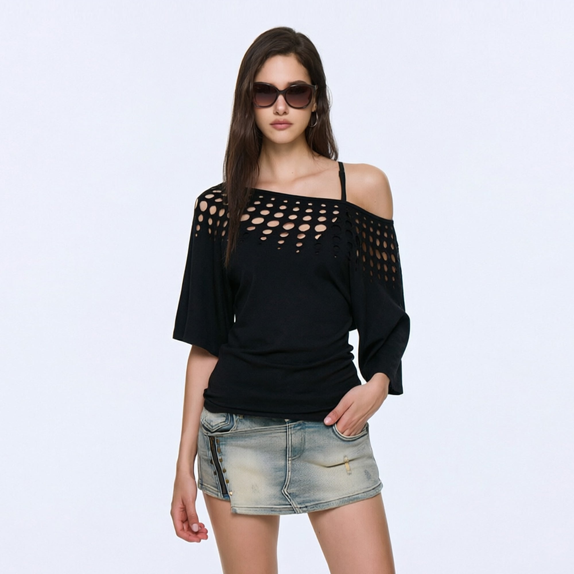 AE30 SAINT Off-Shoulder Cut-Out Dolman T-Shirt