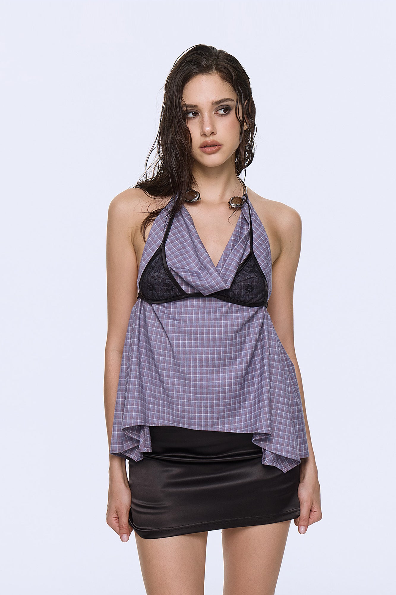 AE30 SAINT Plaid Lace-Panel Halter Top