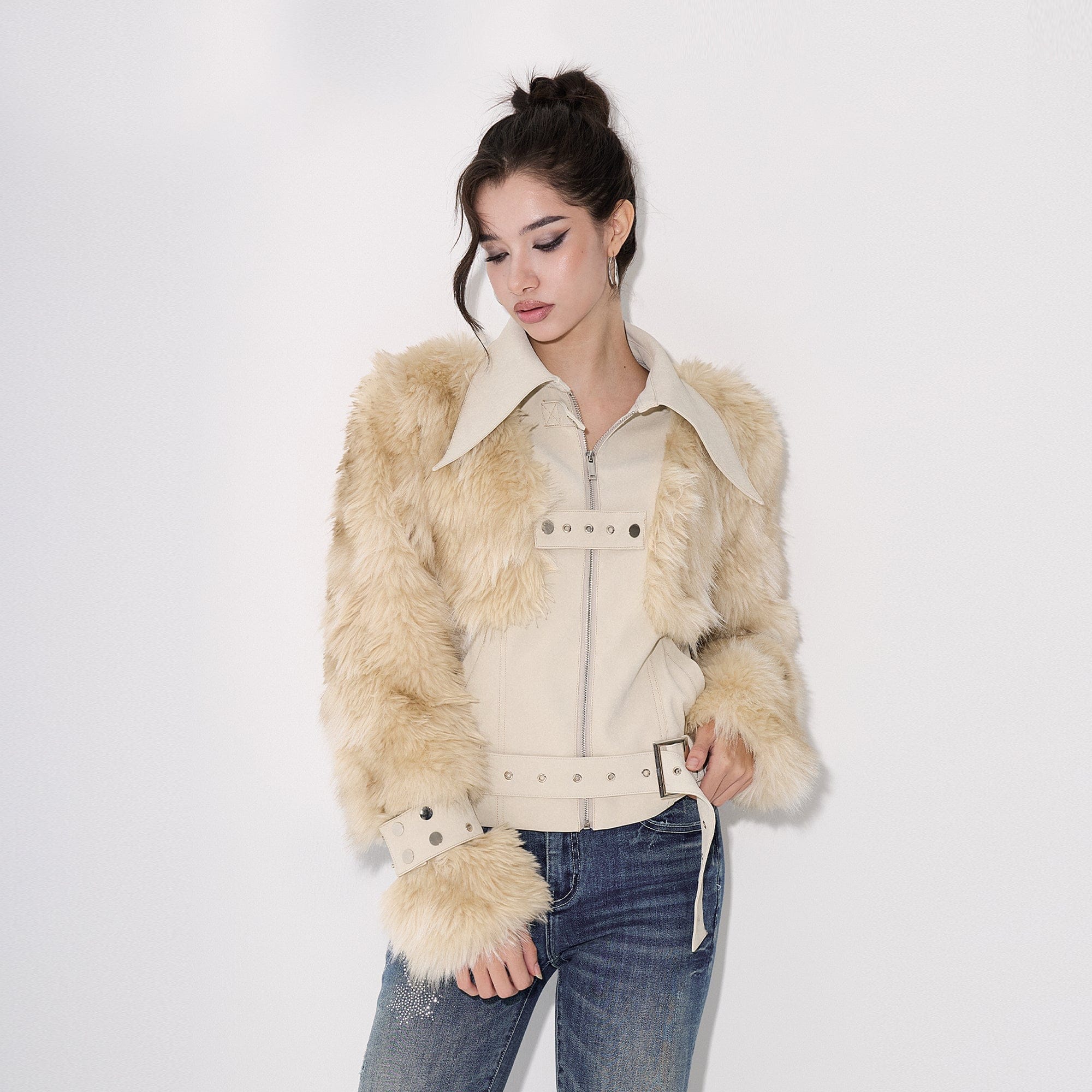 AE30 SAINT Faux Fur Trim PU Moto Jacket