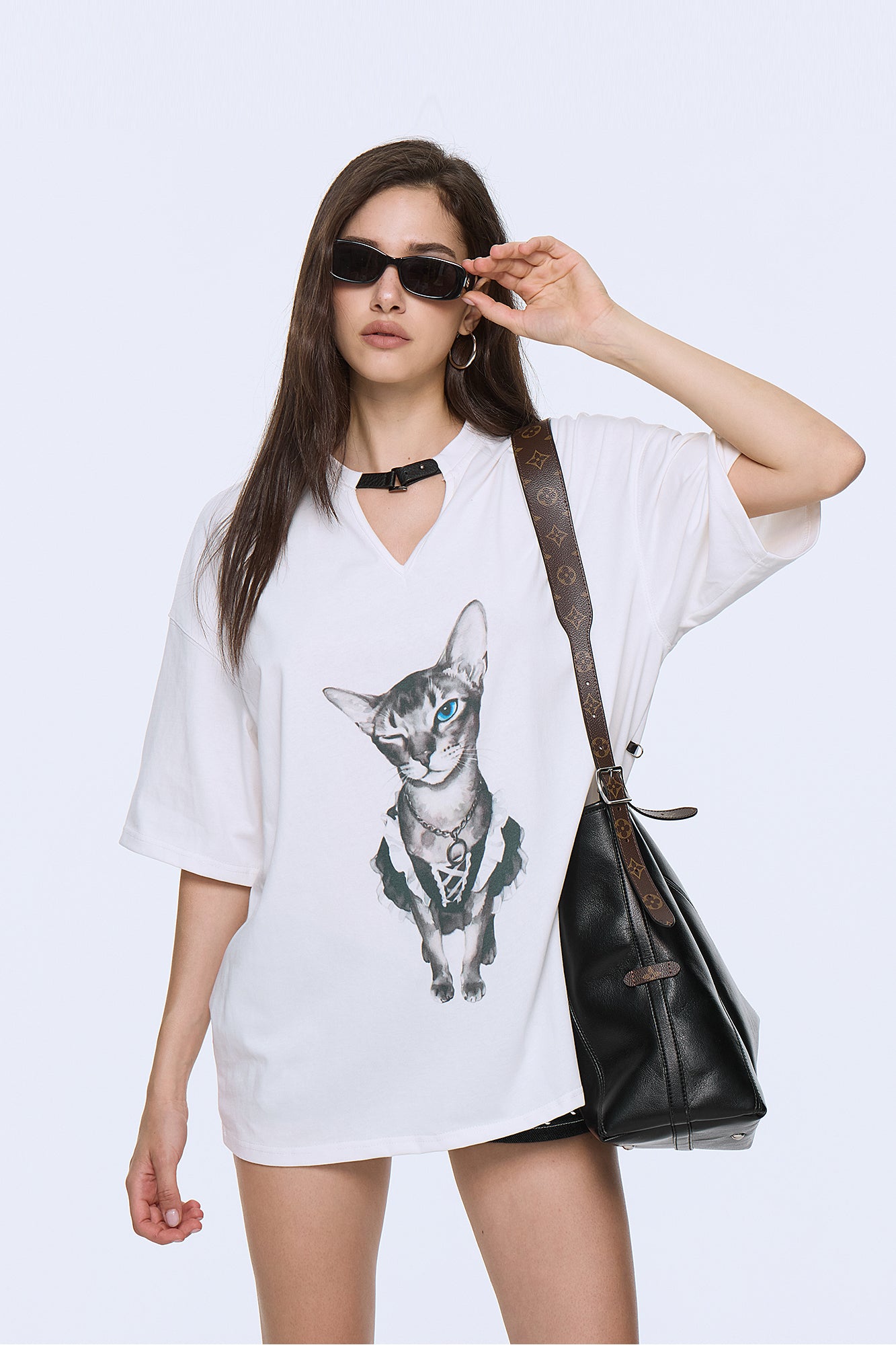 AE30 SAINT Cat Graphic Buckled Lace-Up Tee