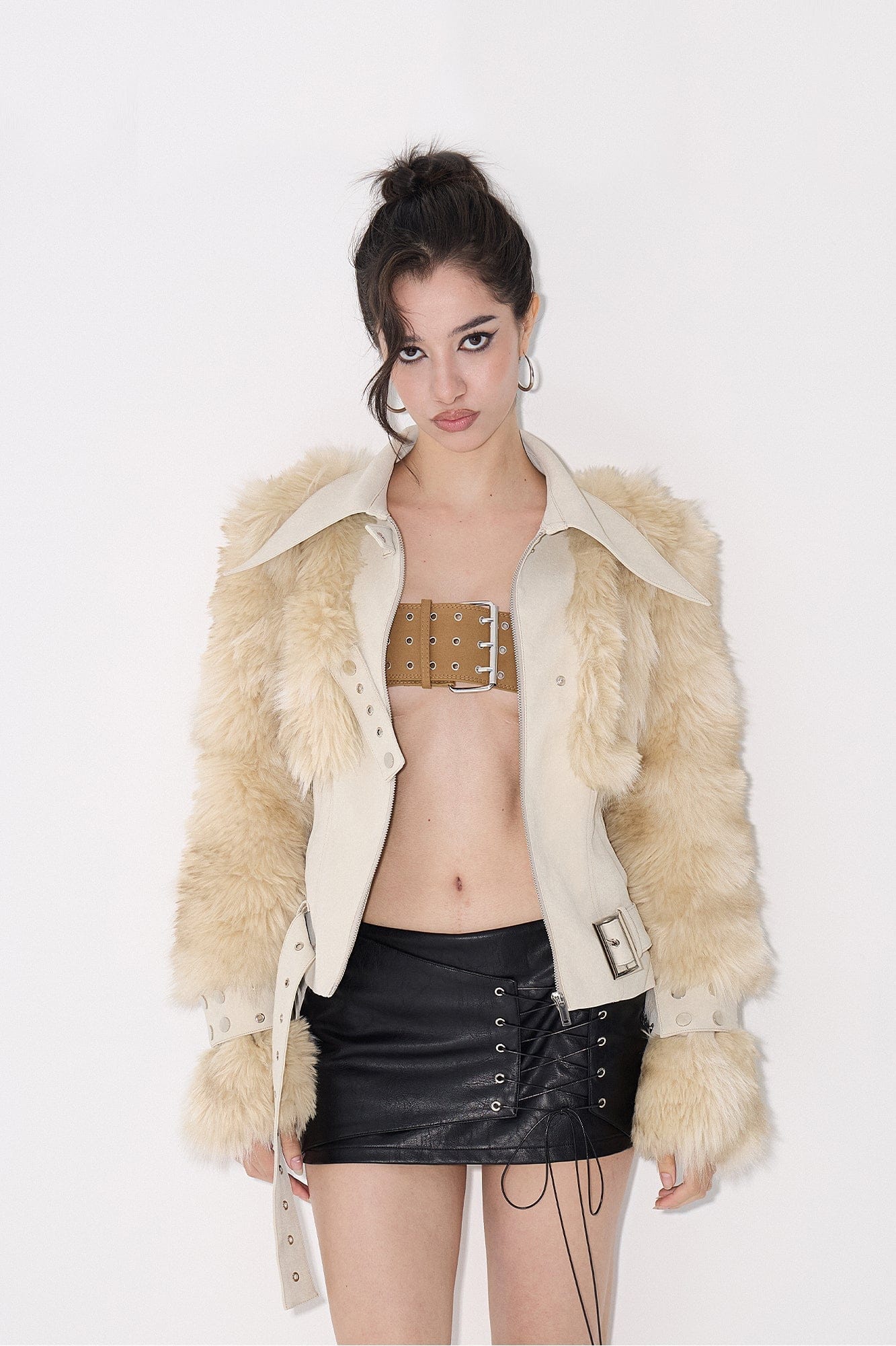 AE30 SAINT Faux Fur Trim PU Moto Jacket