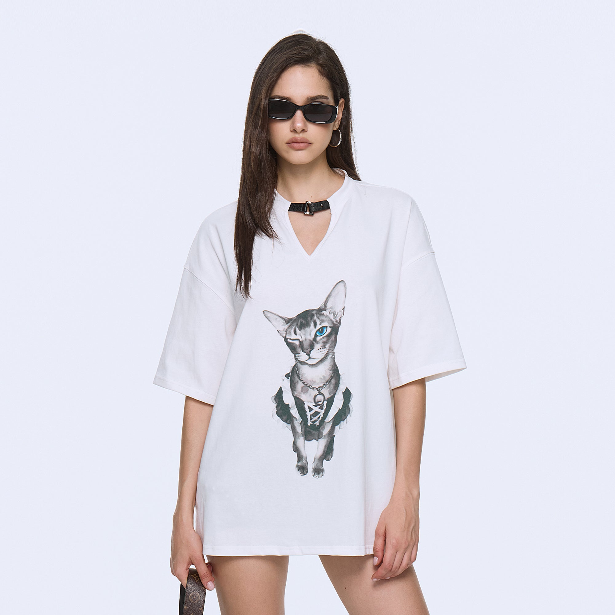 AE30 SAINT Cat Graphic Buckled Lace-Up Tee