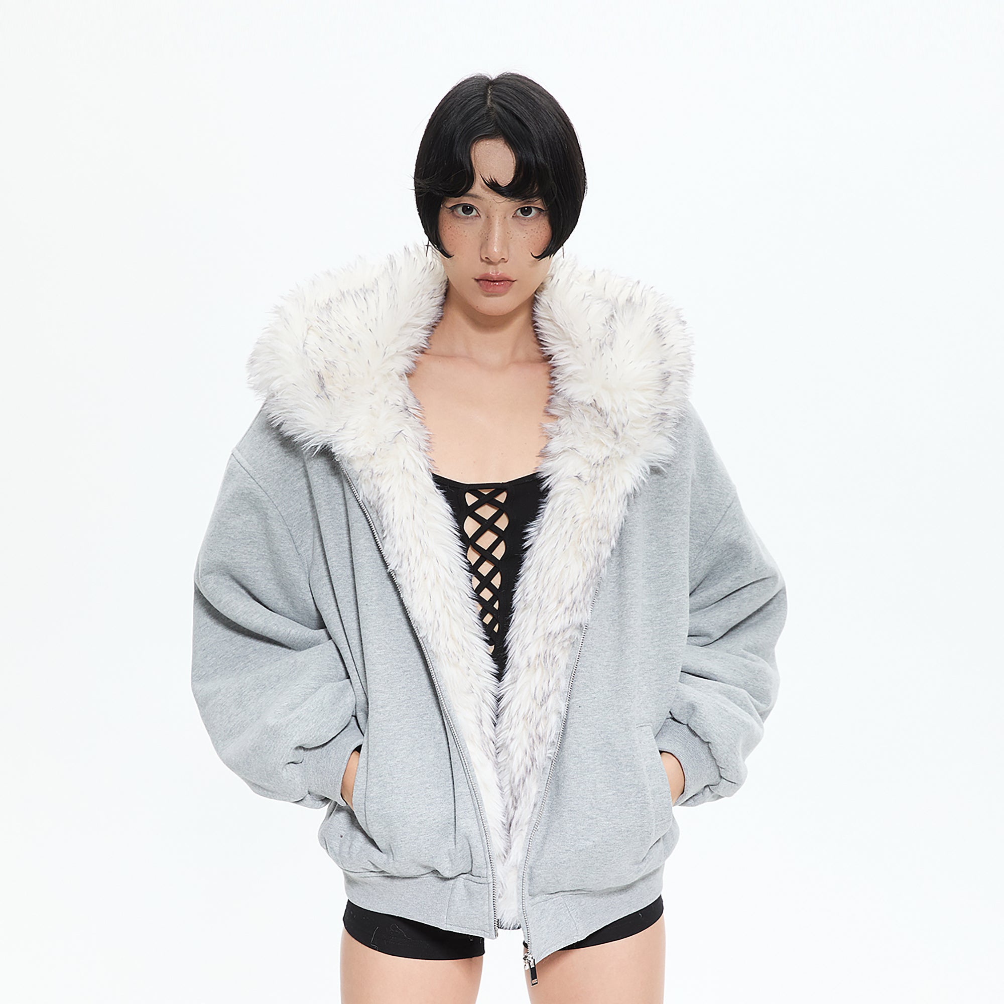 AE30 SAINT Faux Fur Trim Oversized Fleece Hoodie