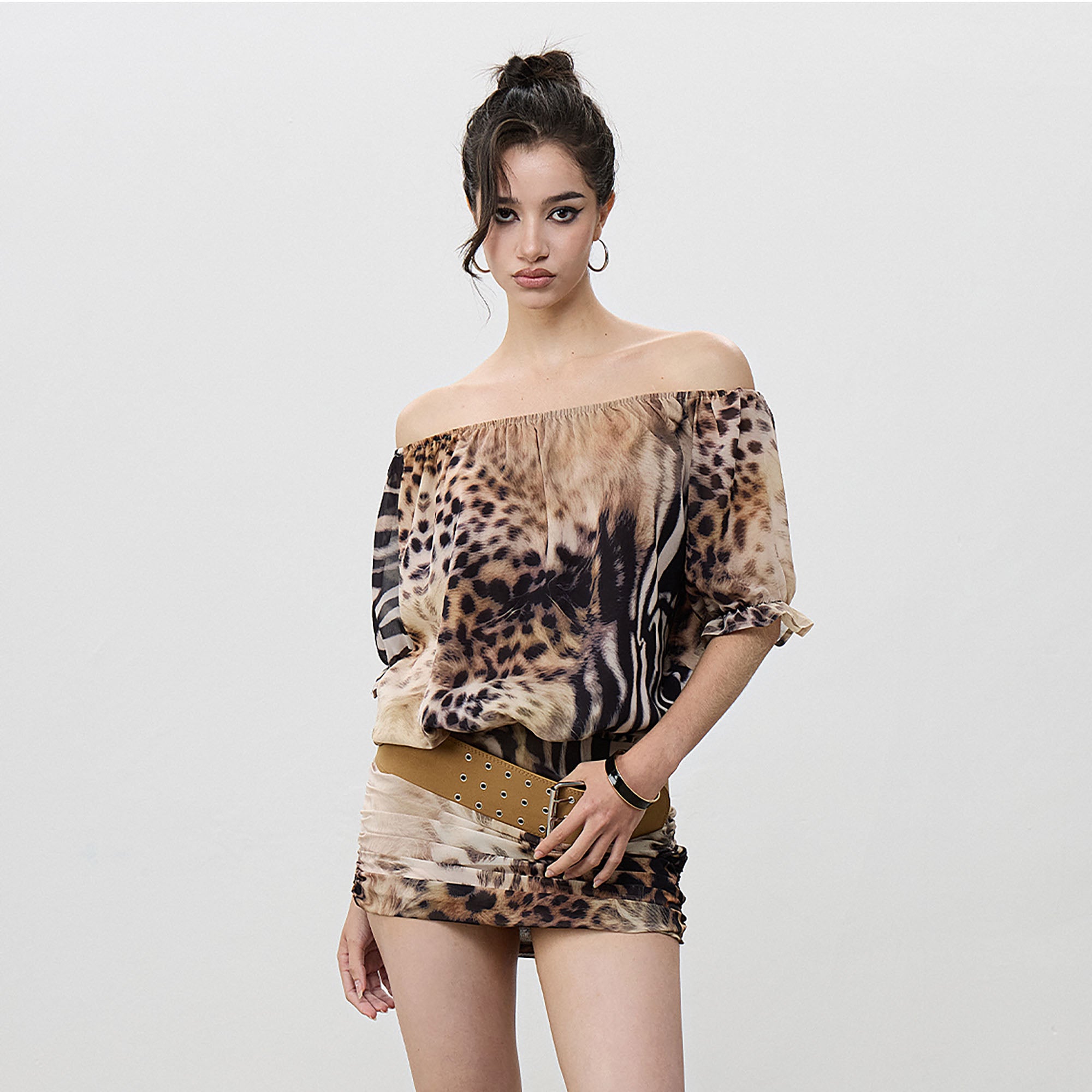 AE30 SAINT Off-Shoulder Animal Print Mini Dress
