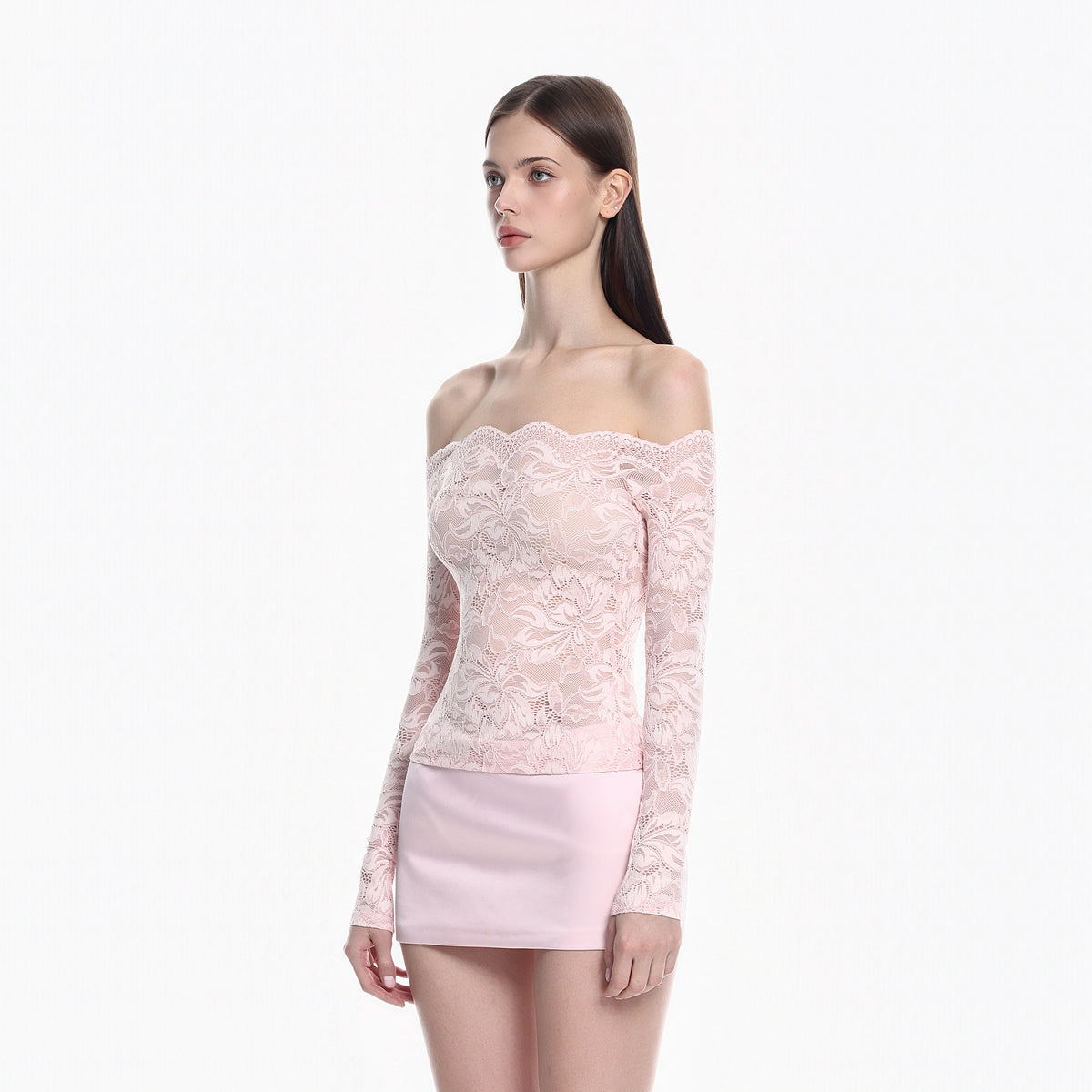 MILLIONLOTUS Off-Shoulder Floral Lace Long-Sleeve Top & Mini Skirt Set