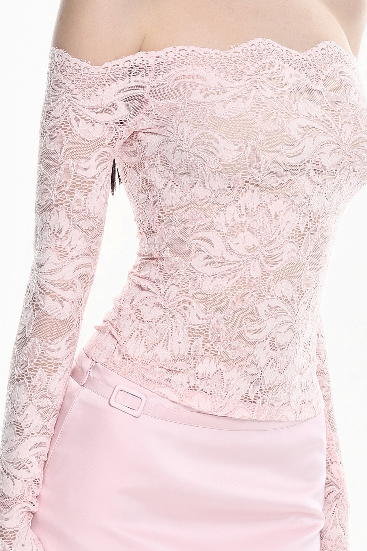 MILLIONLOTUS Off-Shoulder Floral Lace Long-Sleeve Top & Mini Skirt Set