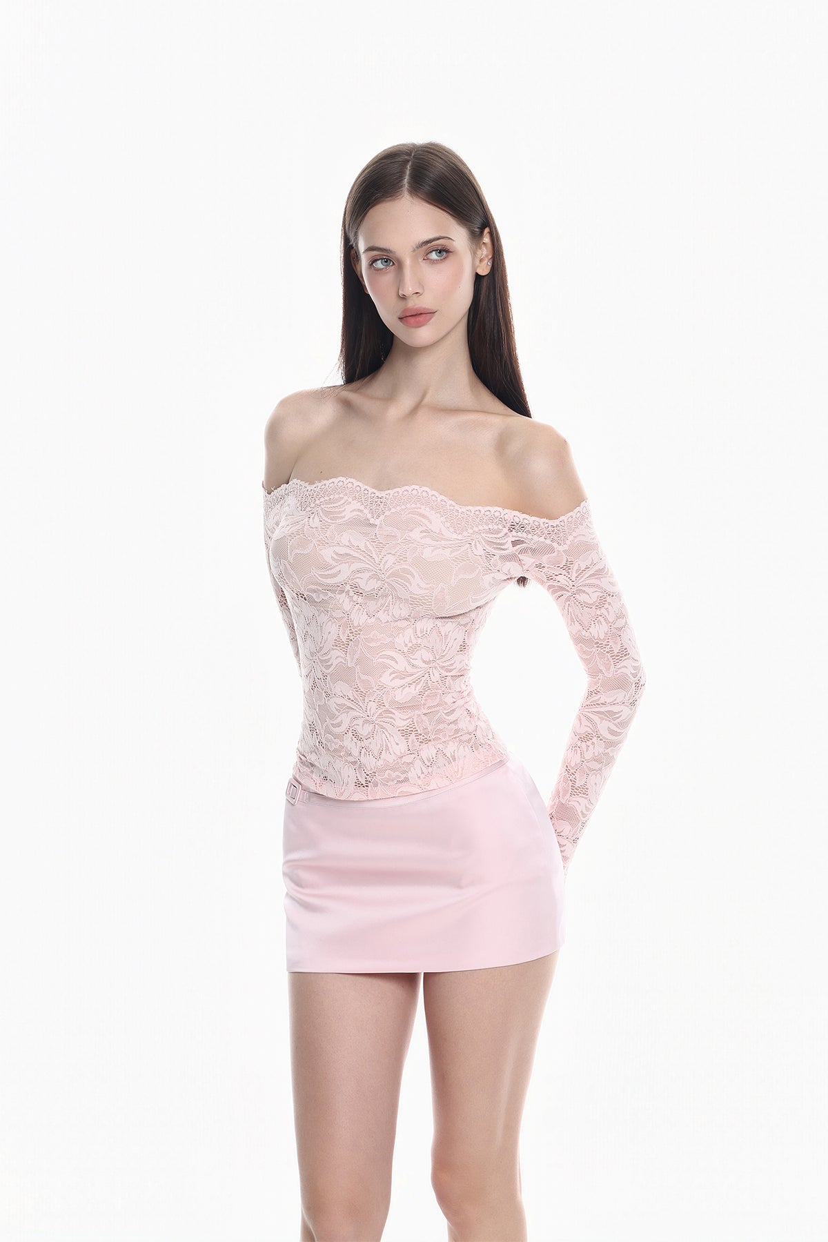MILLIONLOTUS Off-Shoulder Floral Lace Long-Sleeve Top & Mini Skirt Set