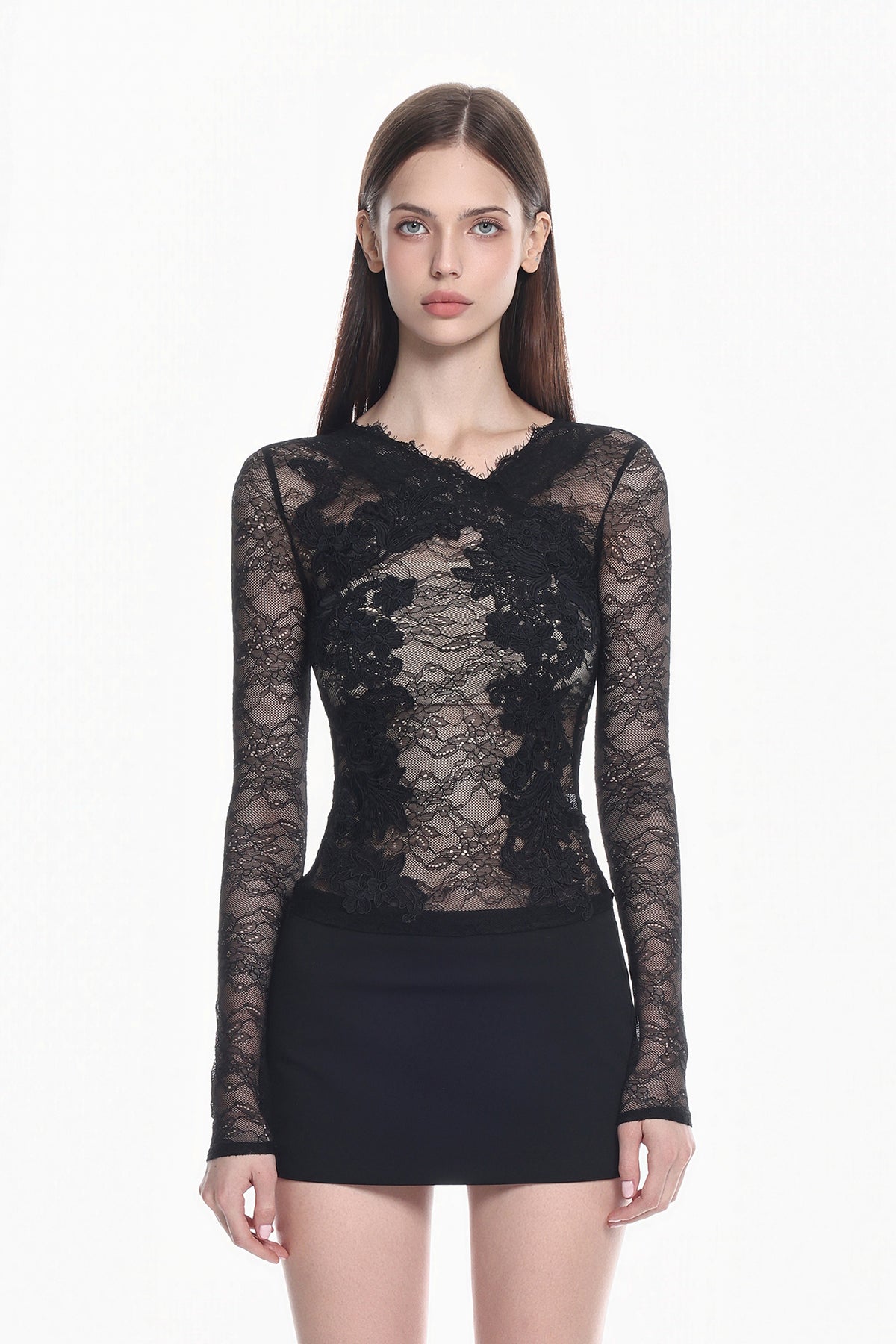 MILLIONLOTUS Sheer Floral Lace Long-Sleeve Top & Skirt Set