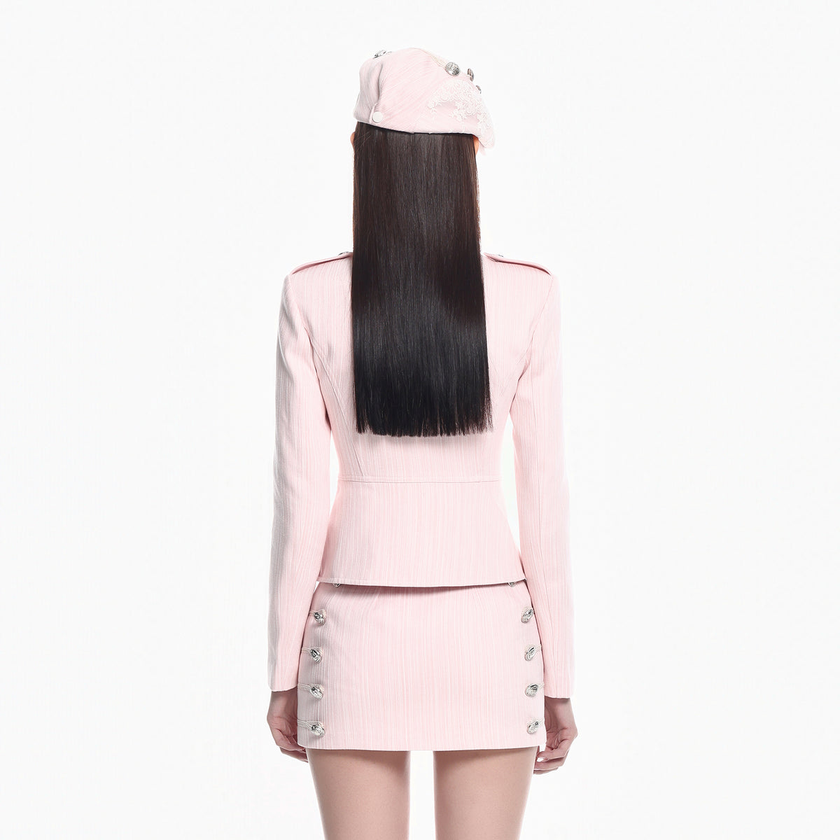 MILLIONLOTUS Military Button Peplum Jacket & Mini Skirt & Beret Set