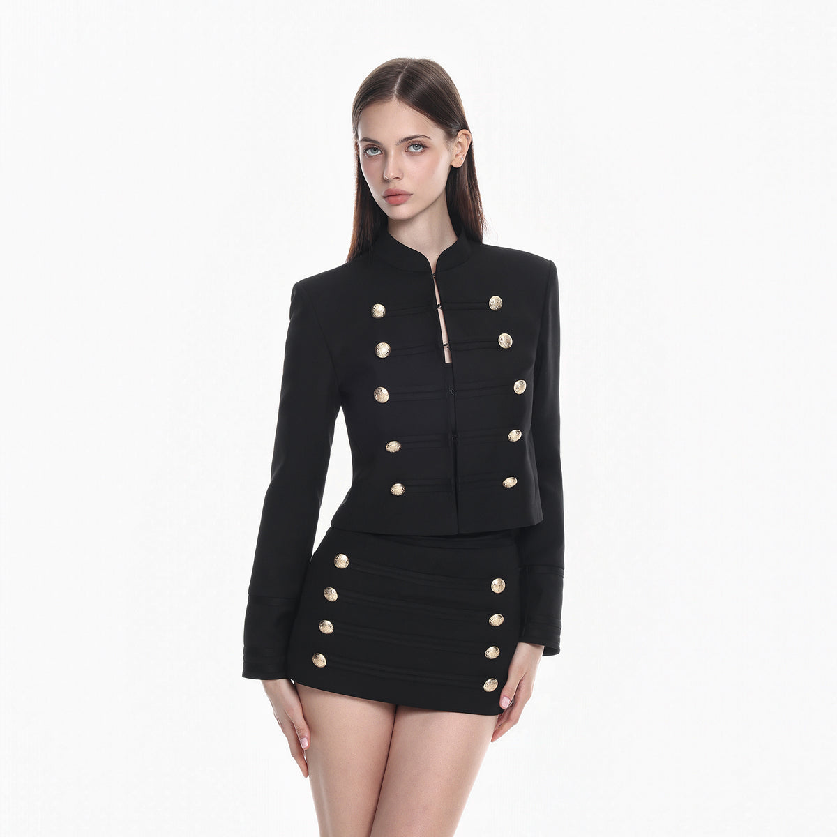 MILLIONLOTUS Retro Stand-Collar Cinched Jacket & Bodycon Skirt Set