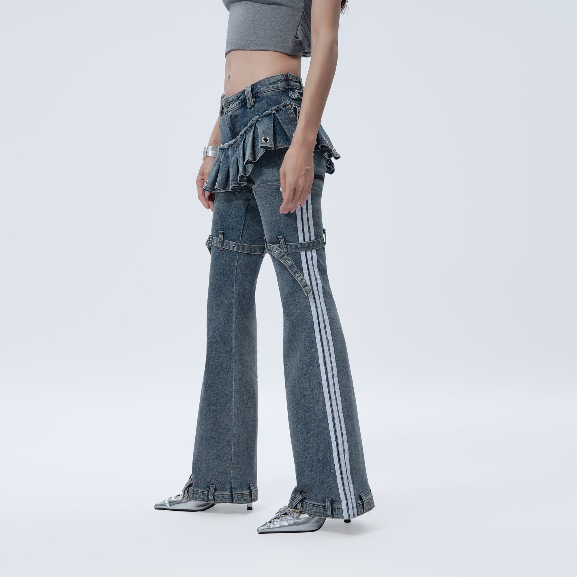 MOGONGSHE Washed Skirt-Layer Detachable Flared Jeans