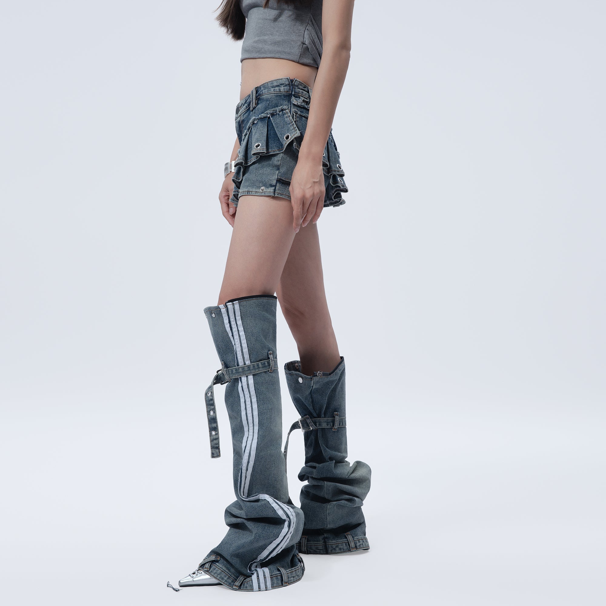 MOGONGSHE Washed Skirt-Layer Detachable Flared Jeans