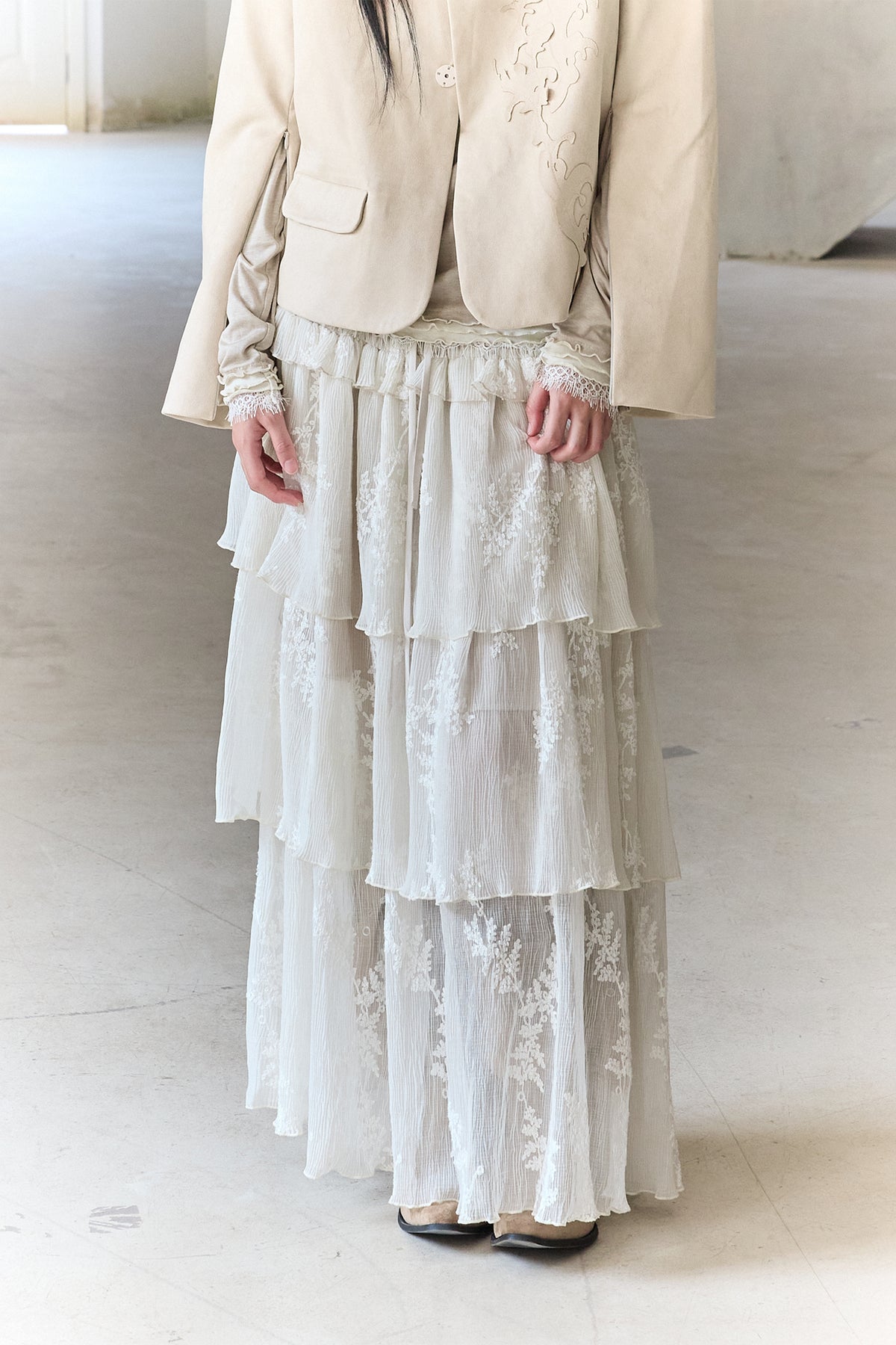 CHANGGUANG YUANZI Lace Embroidered Pleated Layered Maxi Skirt