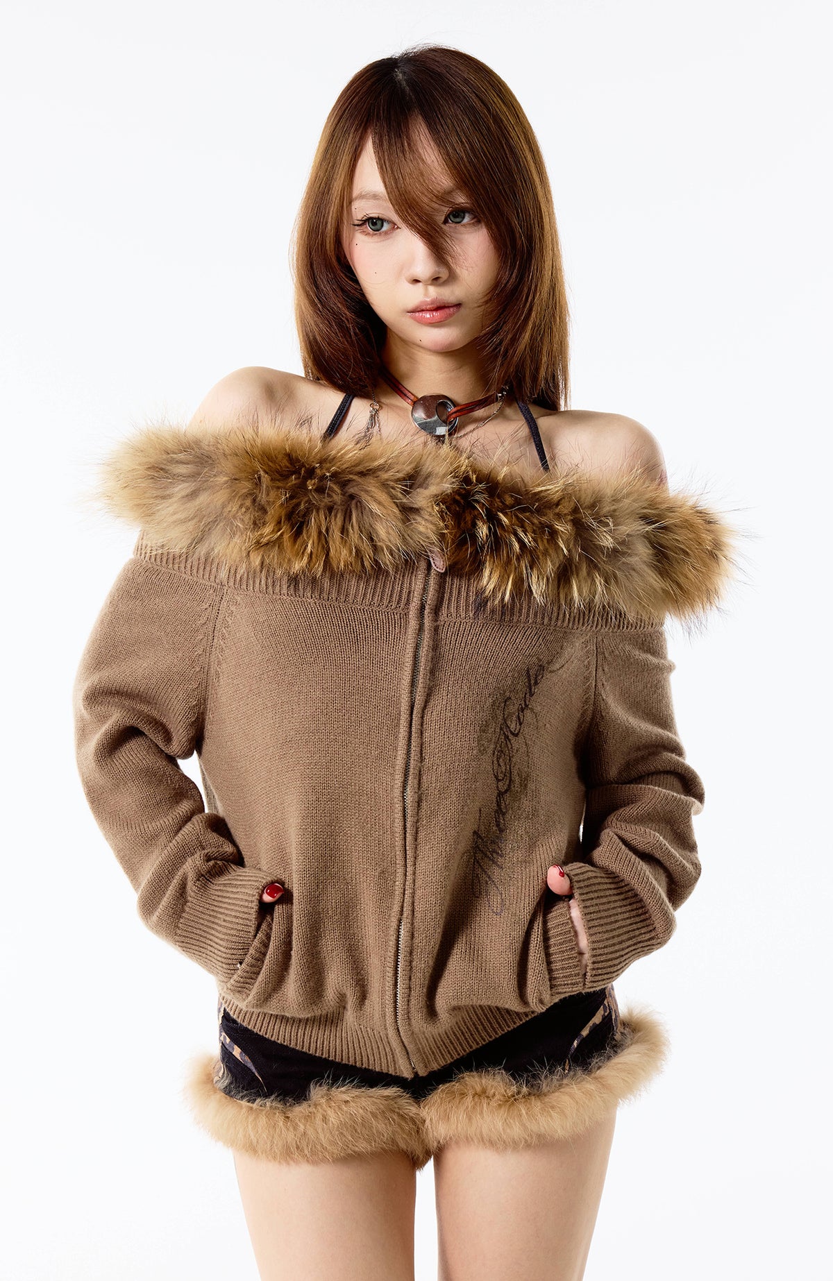 3MODE Retro Y2K Off-Shoulder Faux Fur Collar Zip-Up Cardigan
