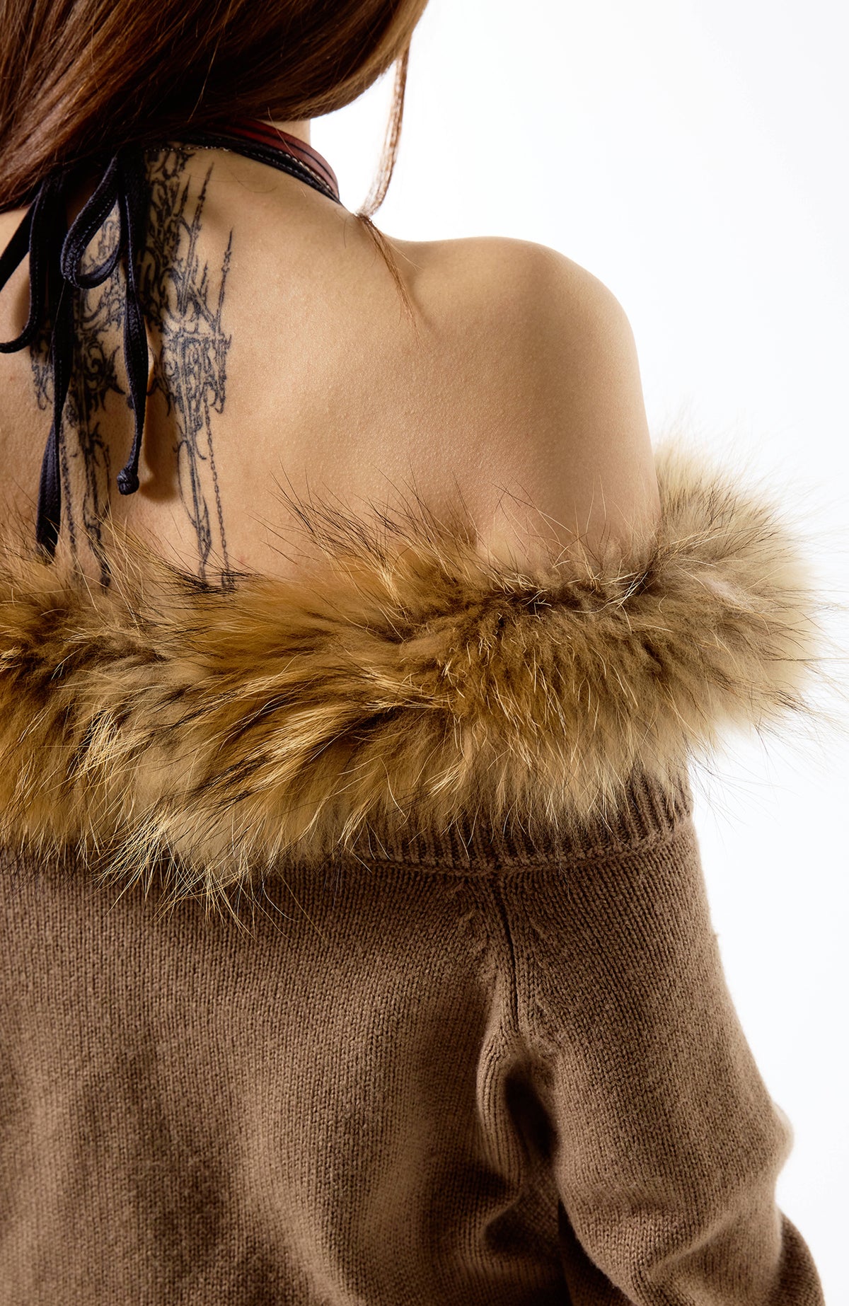 3MODE Retro Y2K Off-Shoulder Faux Fur Collar Zip-Up Cardigan