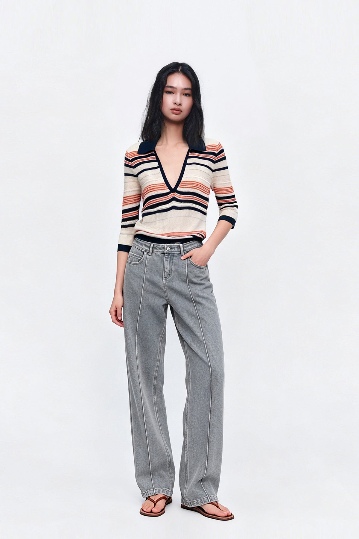 AURA LAND Striped Polo-Neck Wool-Blend Tee