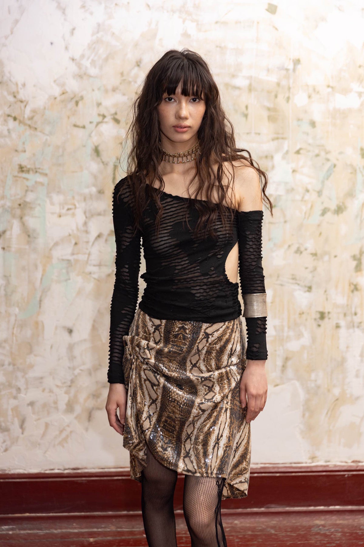 HUNGRAS Embroidered Sequin Python Asymmetric Skirt