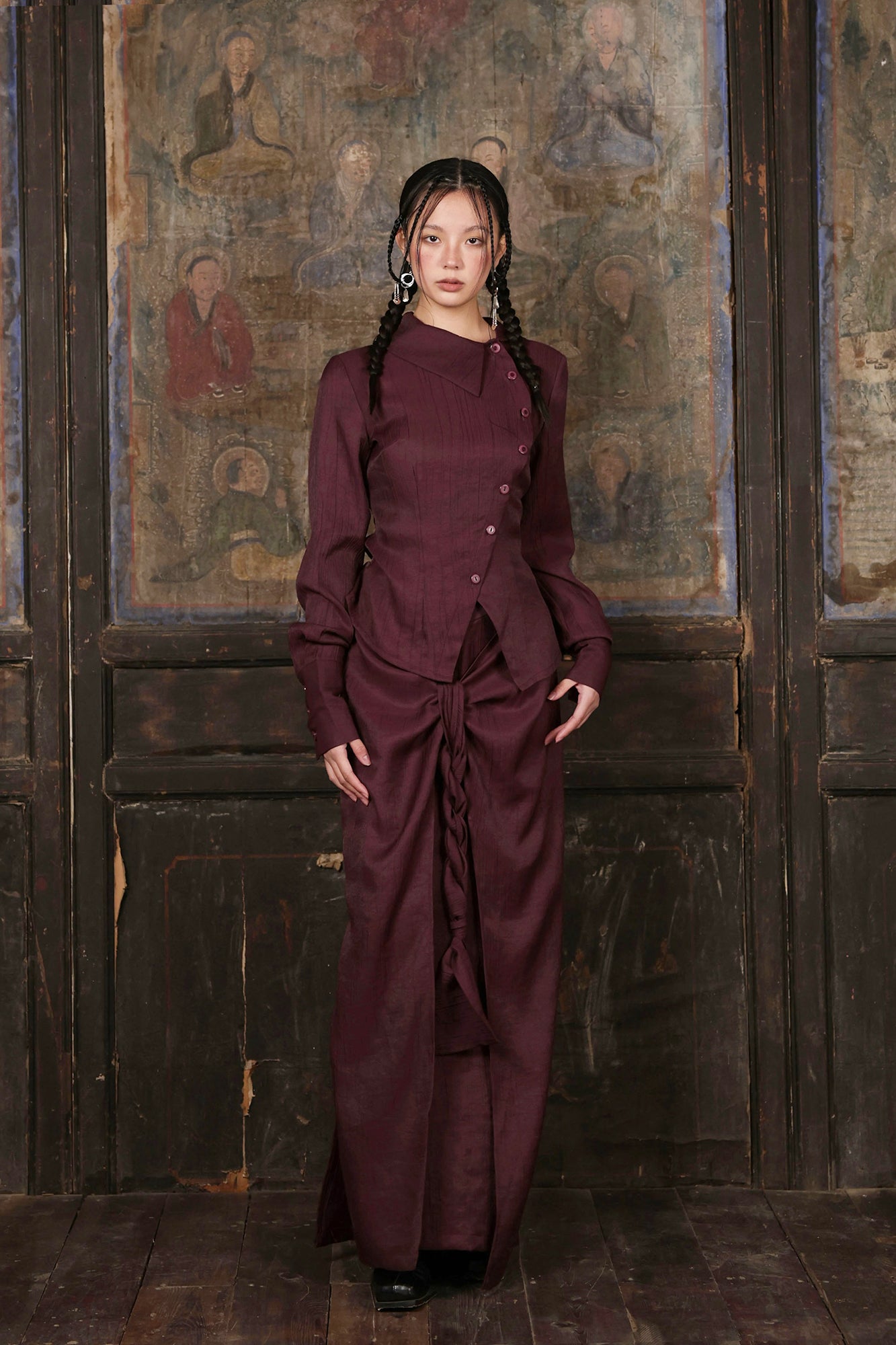 WUHEYIZUO Tie-Front Draped Panel Maxi Skirt