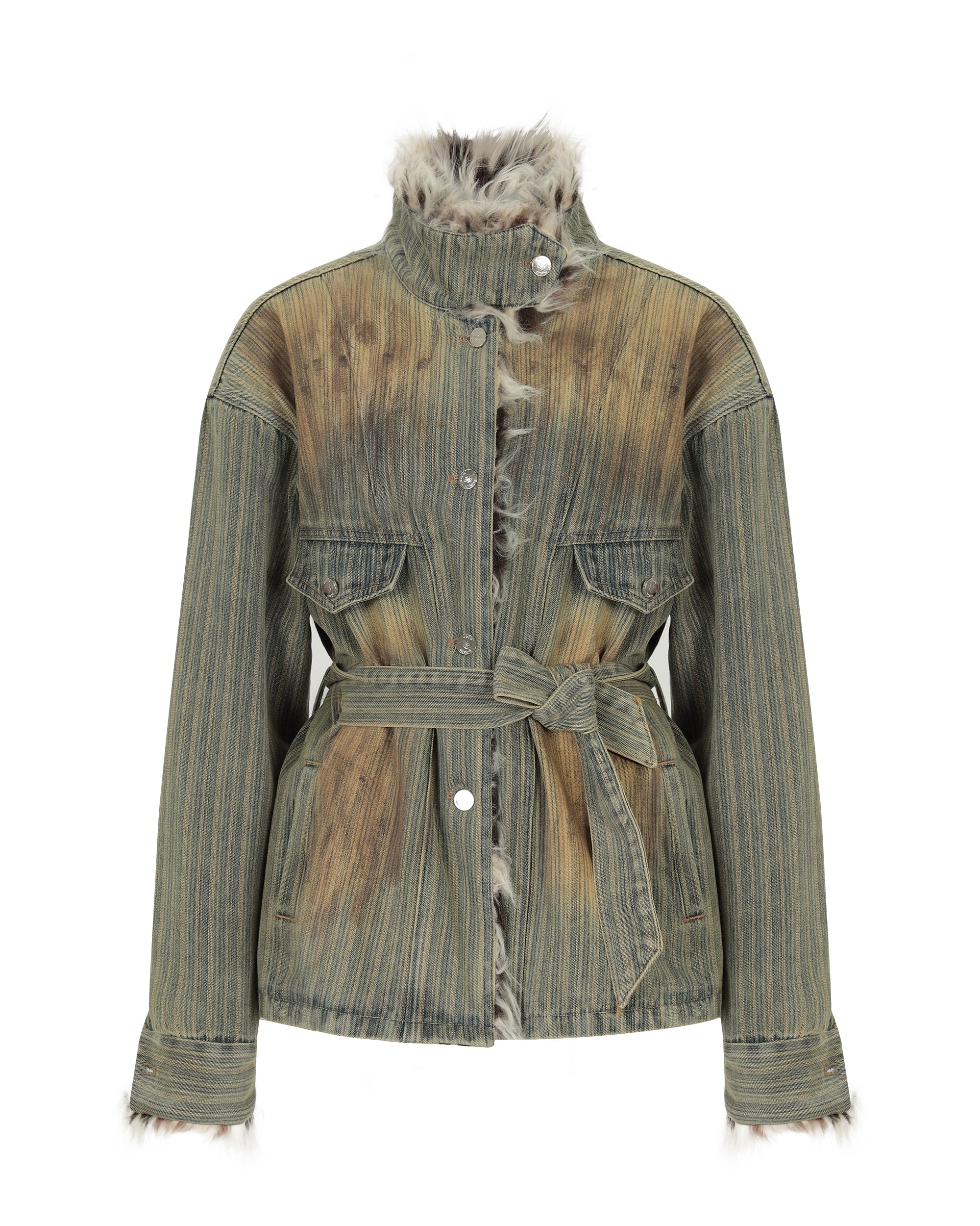 NEVER OFFEND L ANGEL Distressed Denim Fur-Trim Jacket