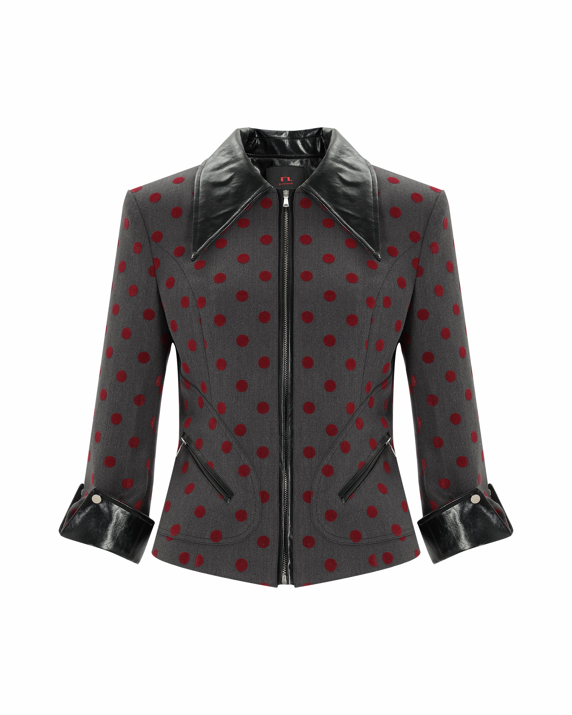 NEVER OFFEND L ANGEL Polka Dot Faux Leather Spliced Cropped Blazer