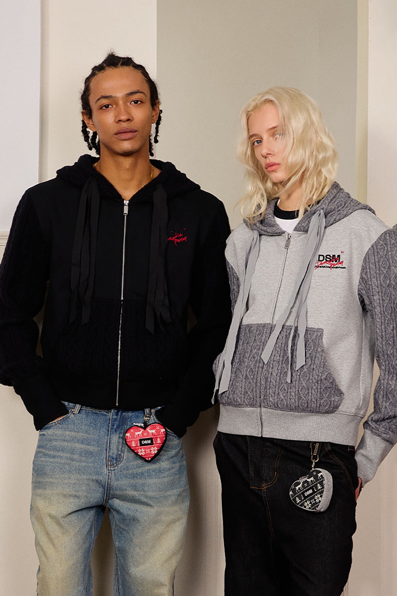 DONSMOKE Spliced Cable-Knit Zip-Up Hoodie
