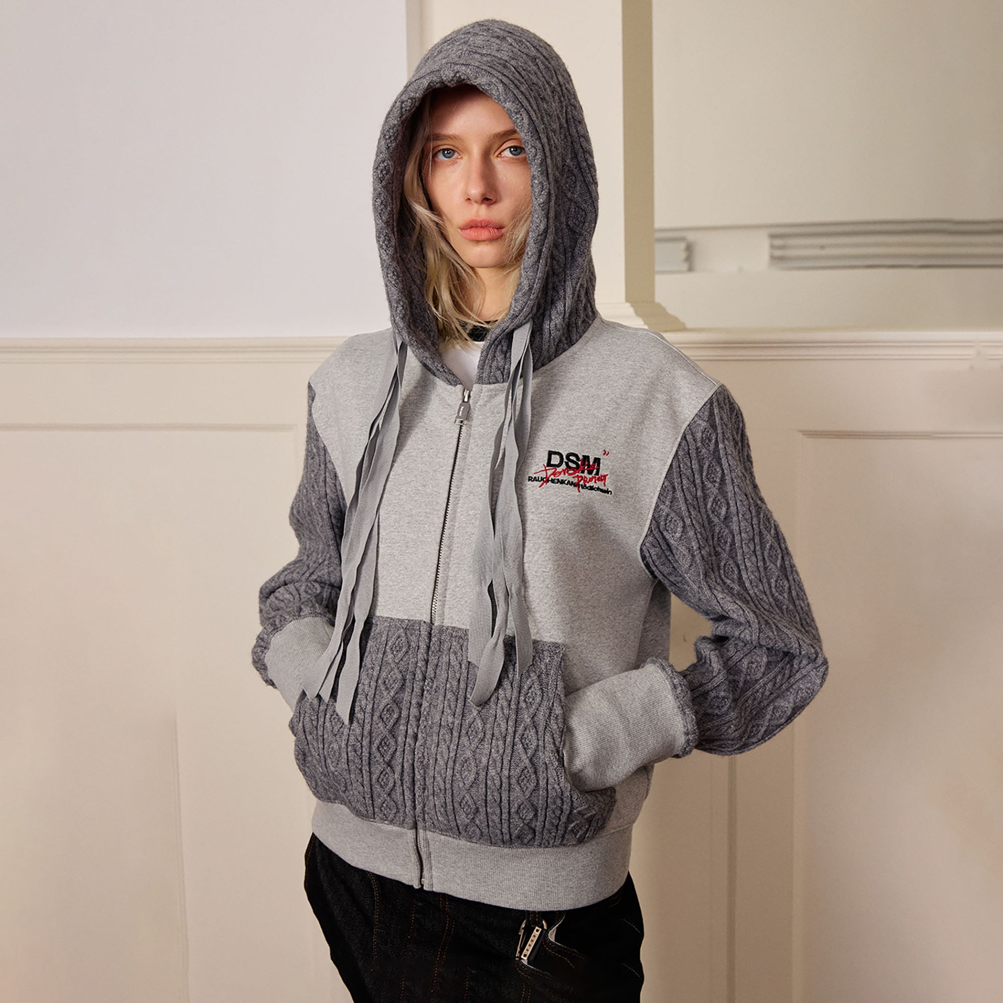 DONSMOKE Spliced Cable-Knit Zip-Up Hoodie