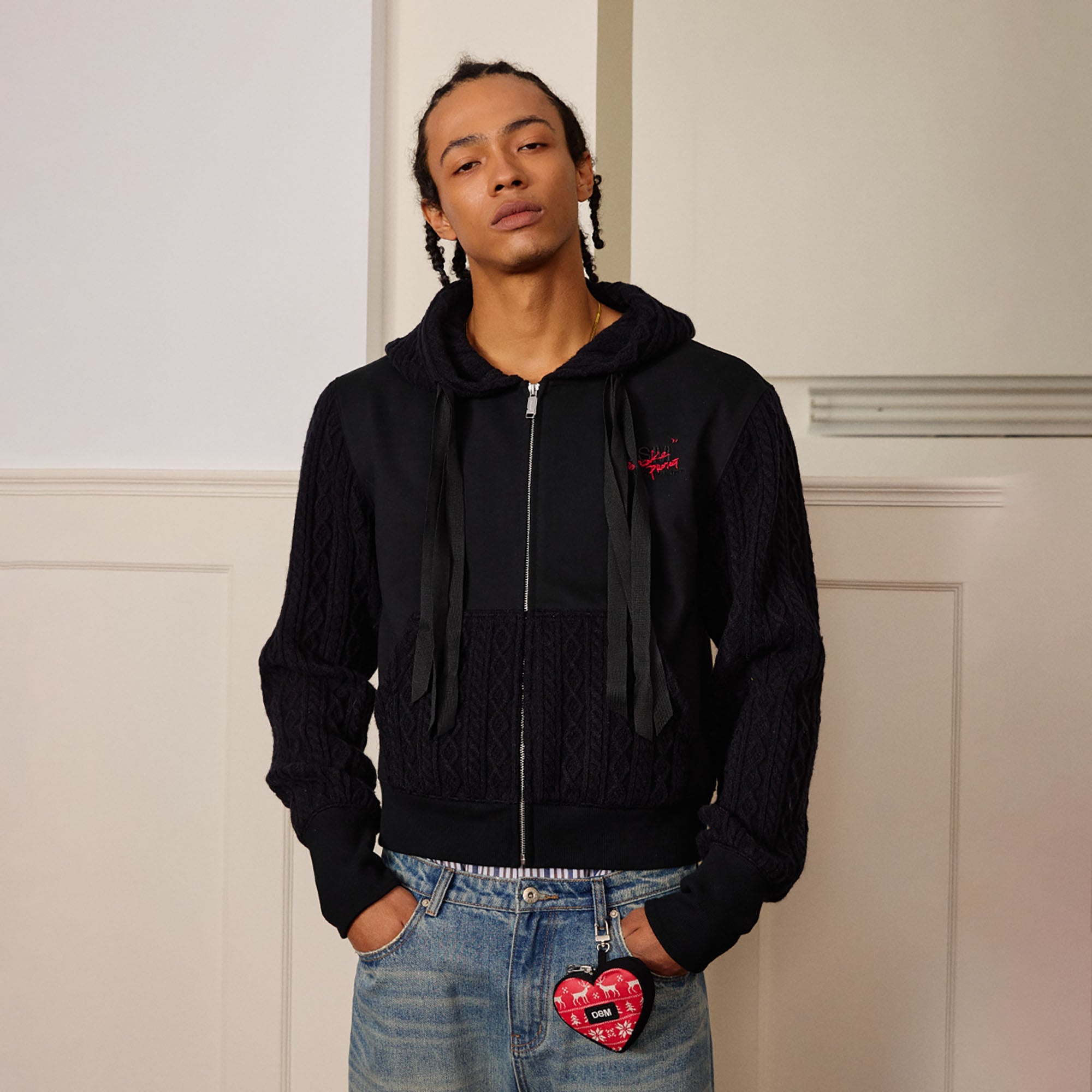 DONSMOKE Spliced Cable-Knit Zip-Up Hoodie