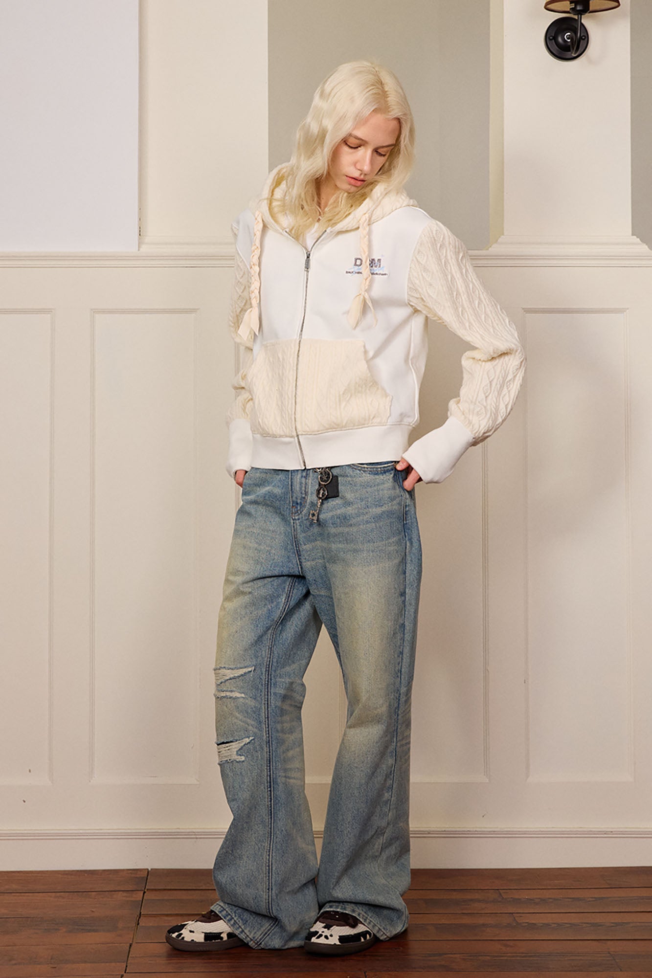 DONSMOKE Spliced Cable-Knit Zip-Up Hoodie