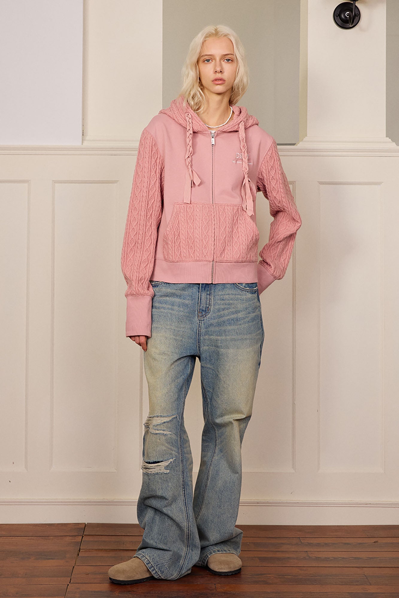 DONSMOKE Spliced Cable-Knit Zip-Up Hoodie