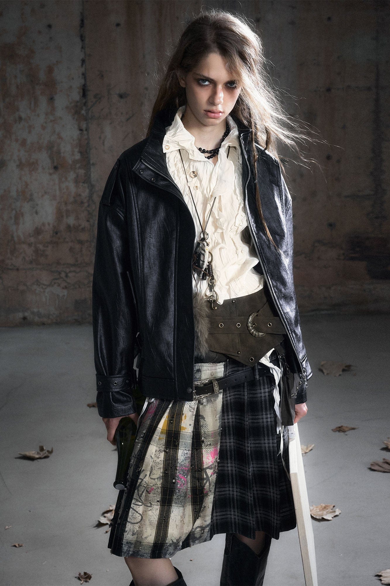 CESTNOUS Belted-Hem Faux Leather Jacket