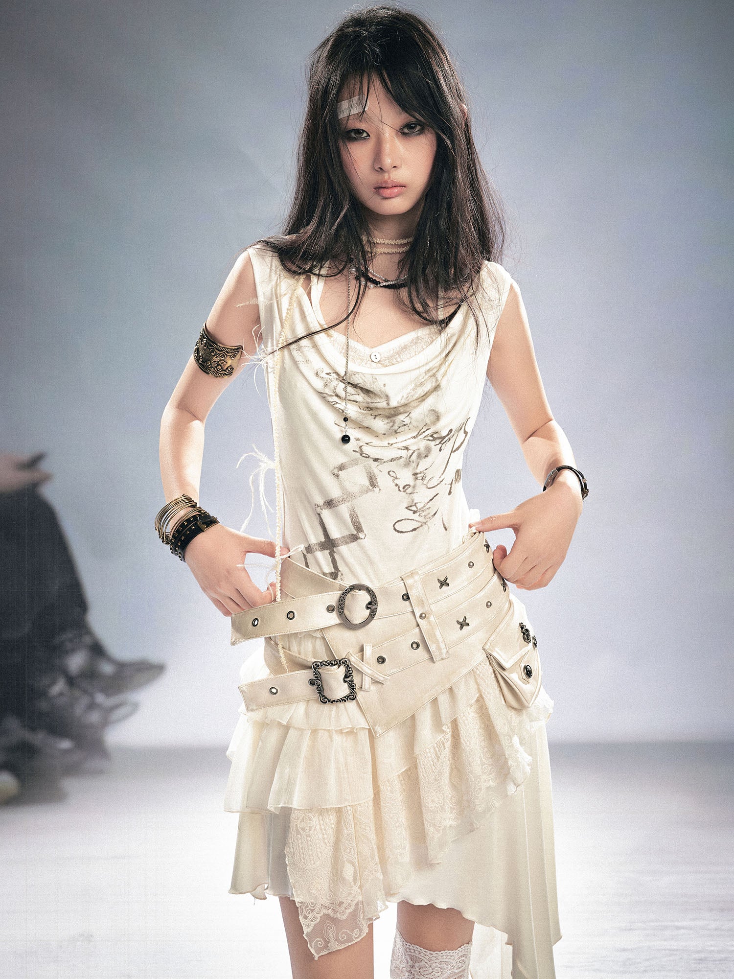 CESTNOUS Asym Layered Lace Cowl Neck Dress