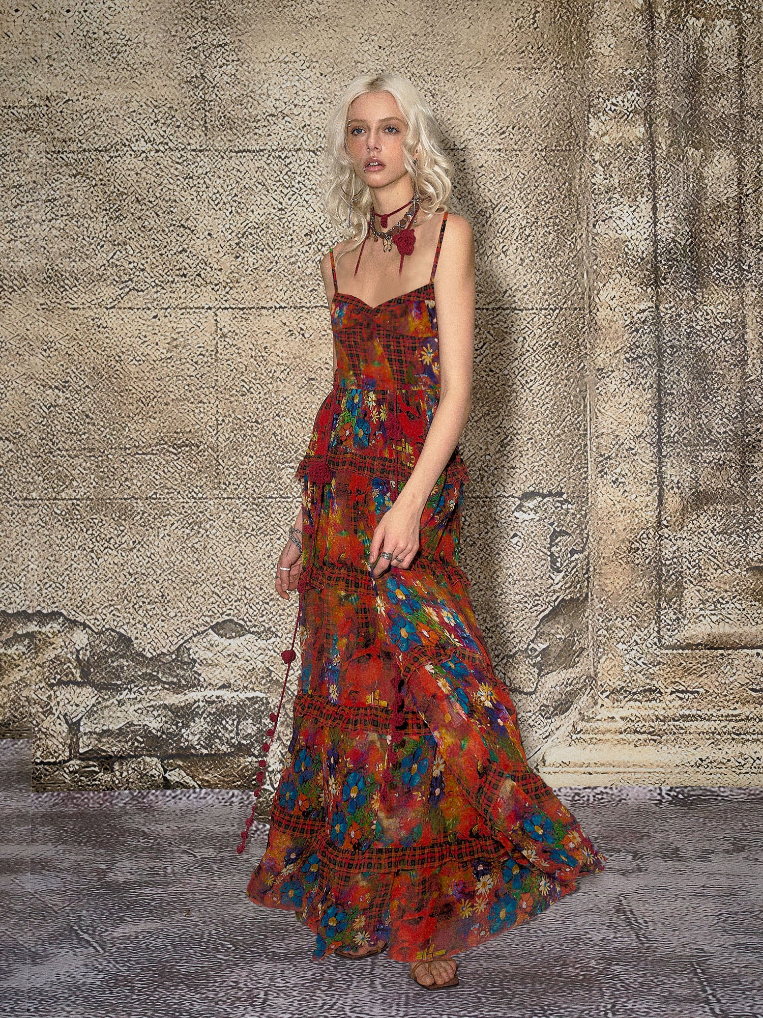 THE NEVERMORE Floral Plaid Tiered Maxi Dress