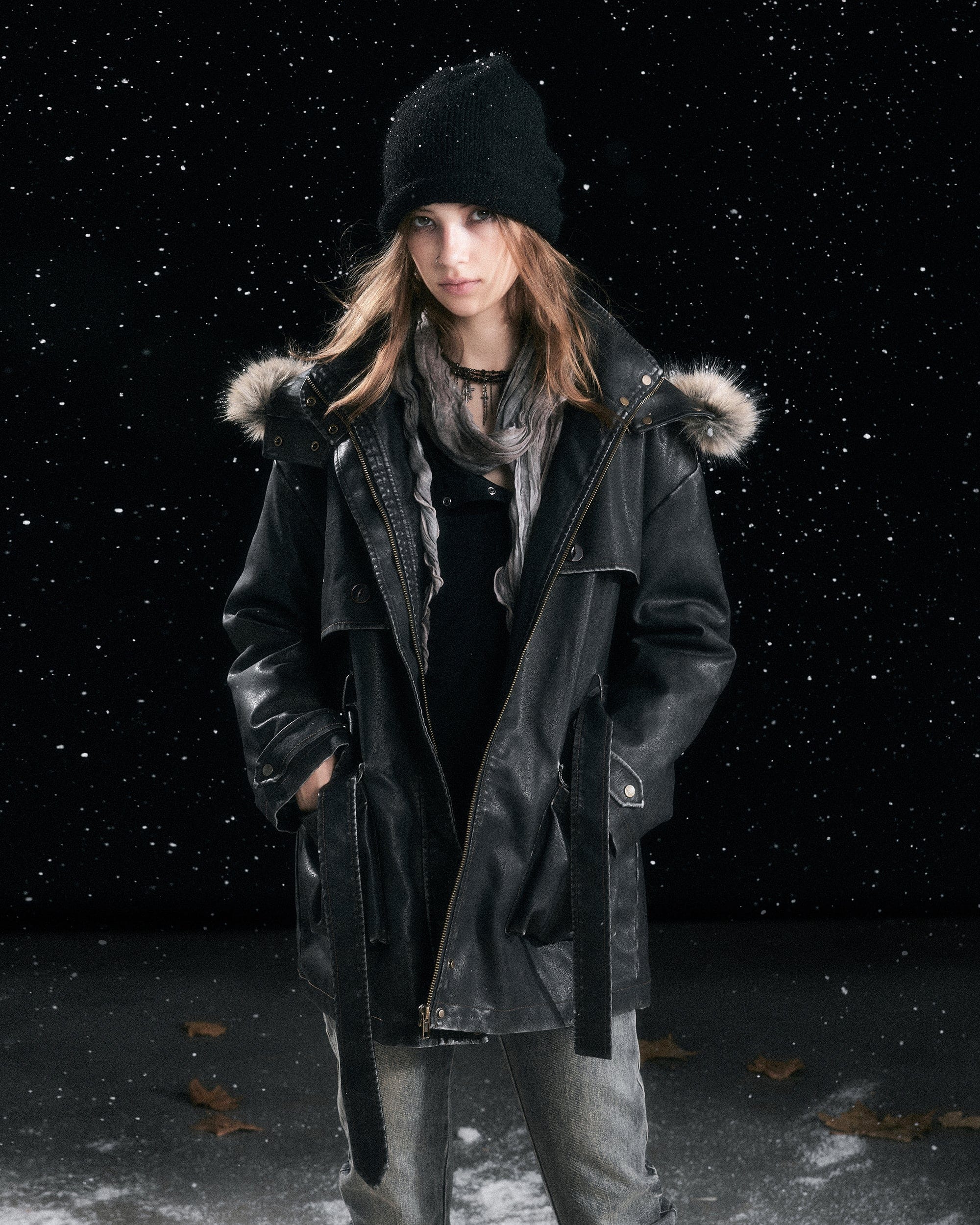 CESTNOUS Distressed Faux-Fur Hood PU Parka Jacket
