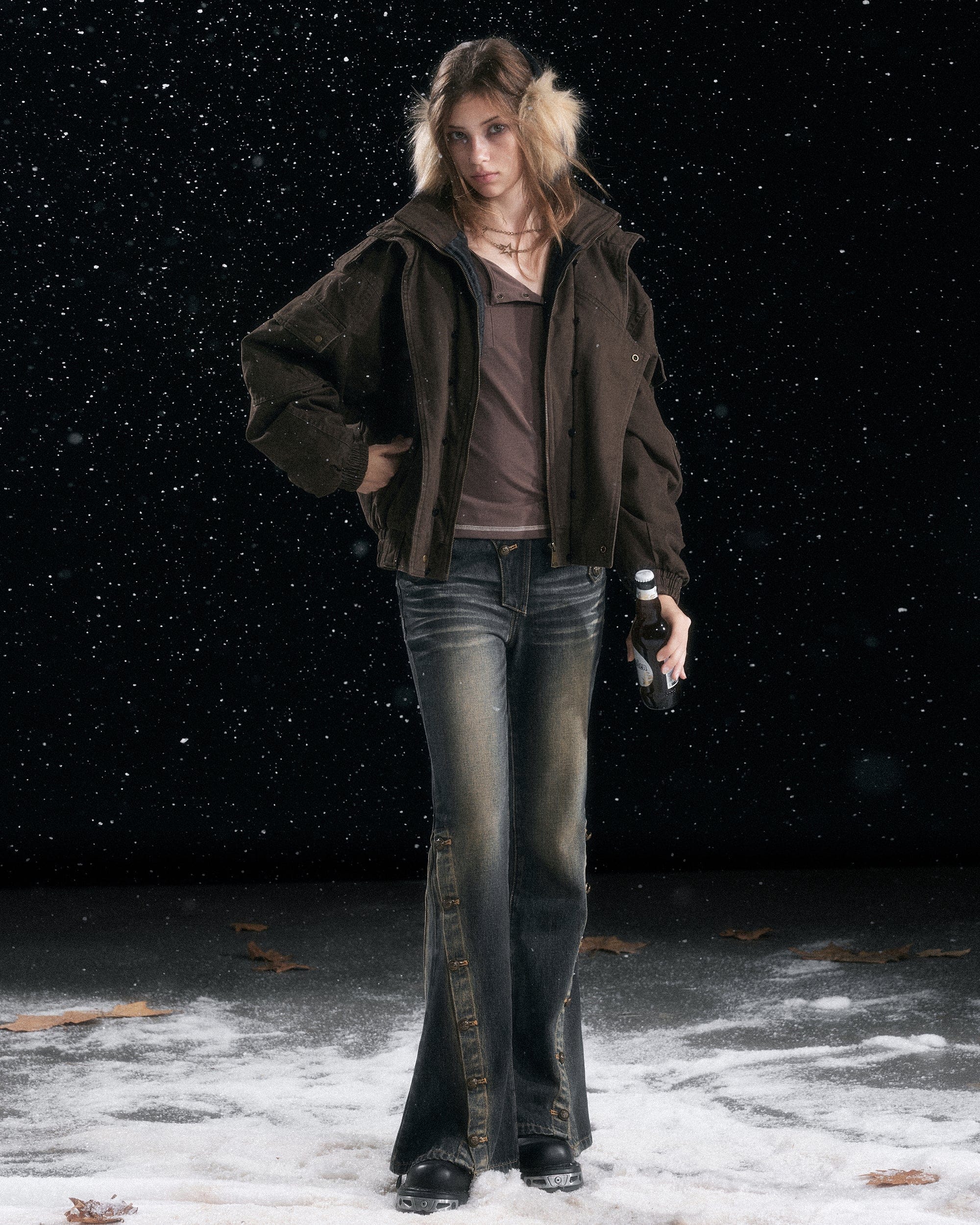 CESTNOUS Retro Detachable Faux-Fur Collar Bomber Jacket
