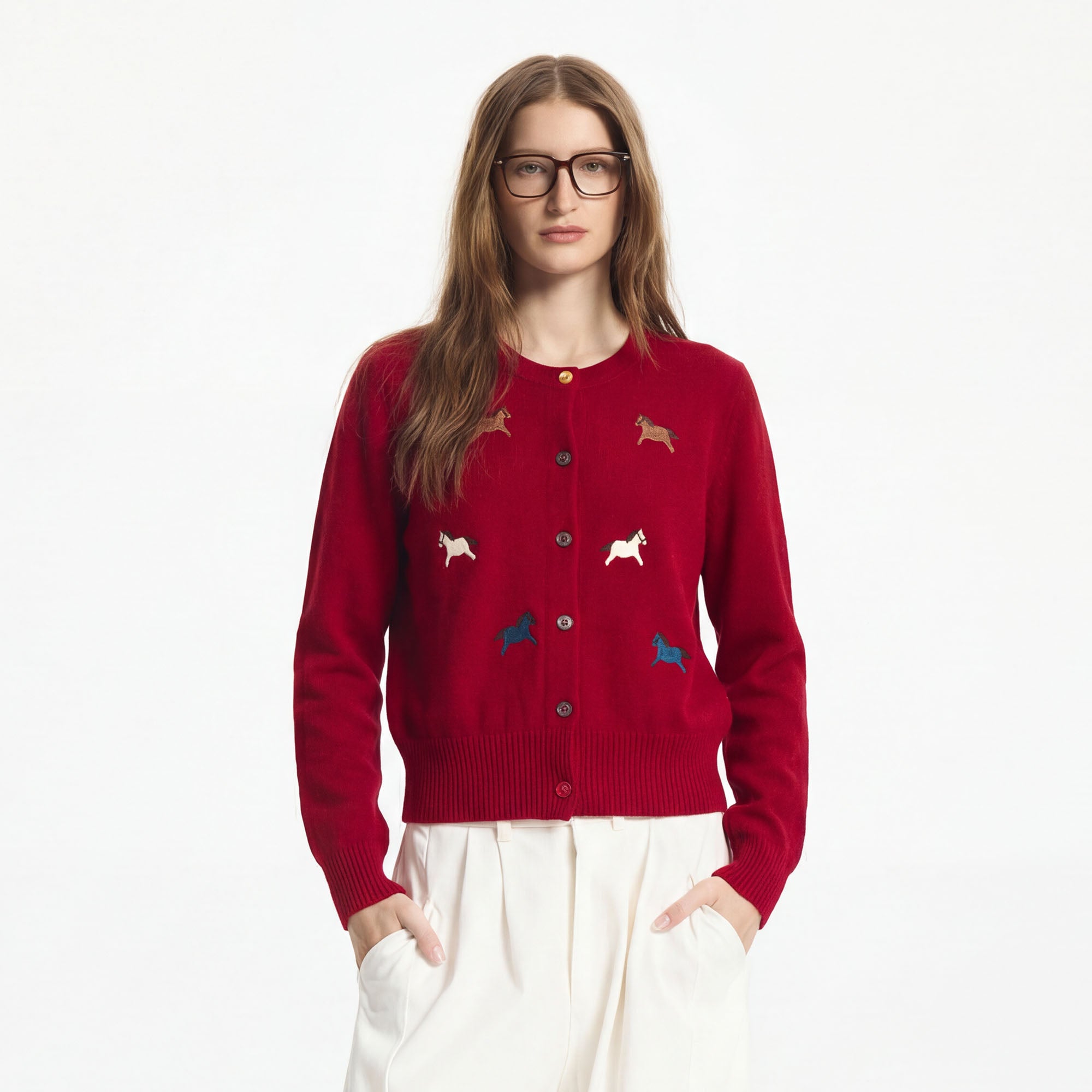 LEONSENSE Pony Embroidered Button Cardigan