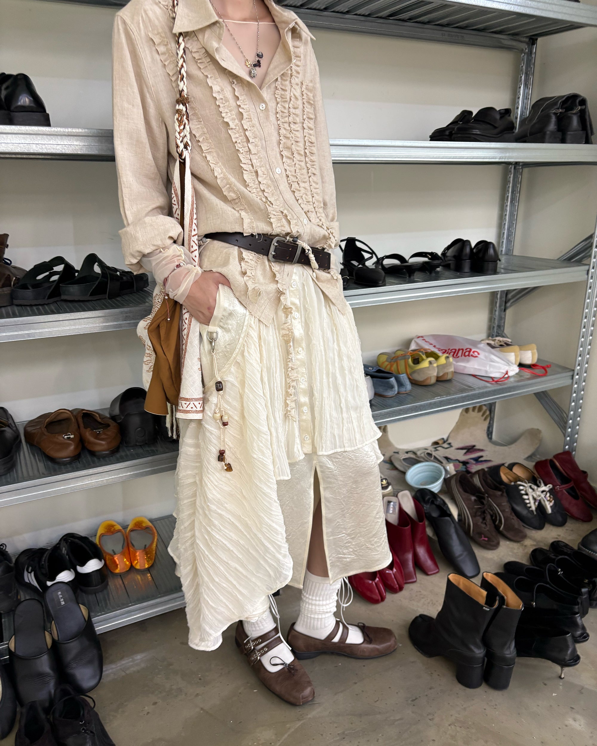 NEVERSEEZ Layered Shirt Hem Acetate Spliced Maxi Skirt