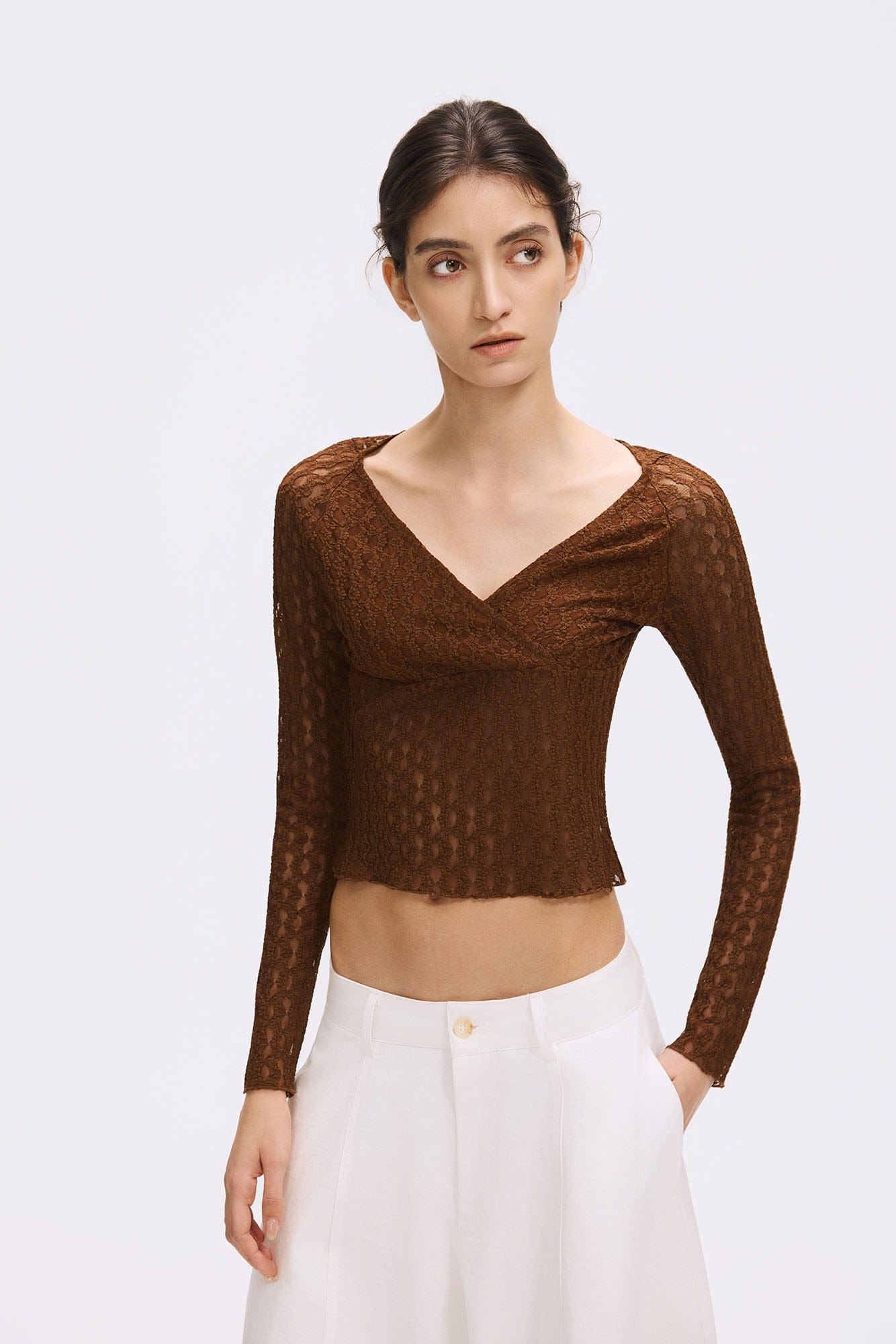 ARTIFICIAL WORLD Lace Wrap-Neck Long-Sleeve Tee