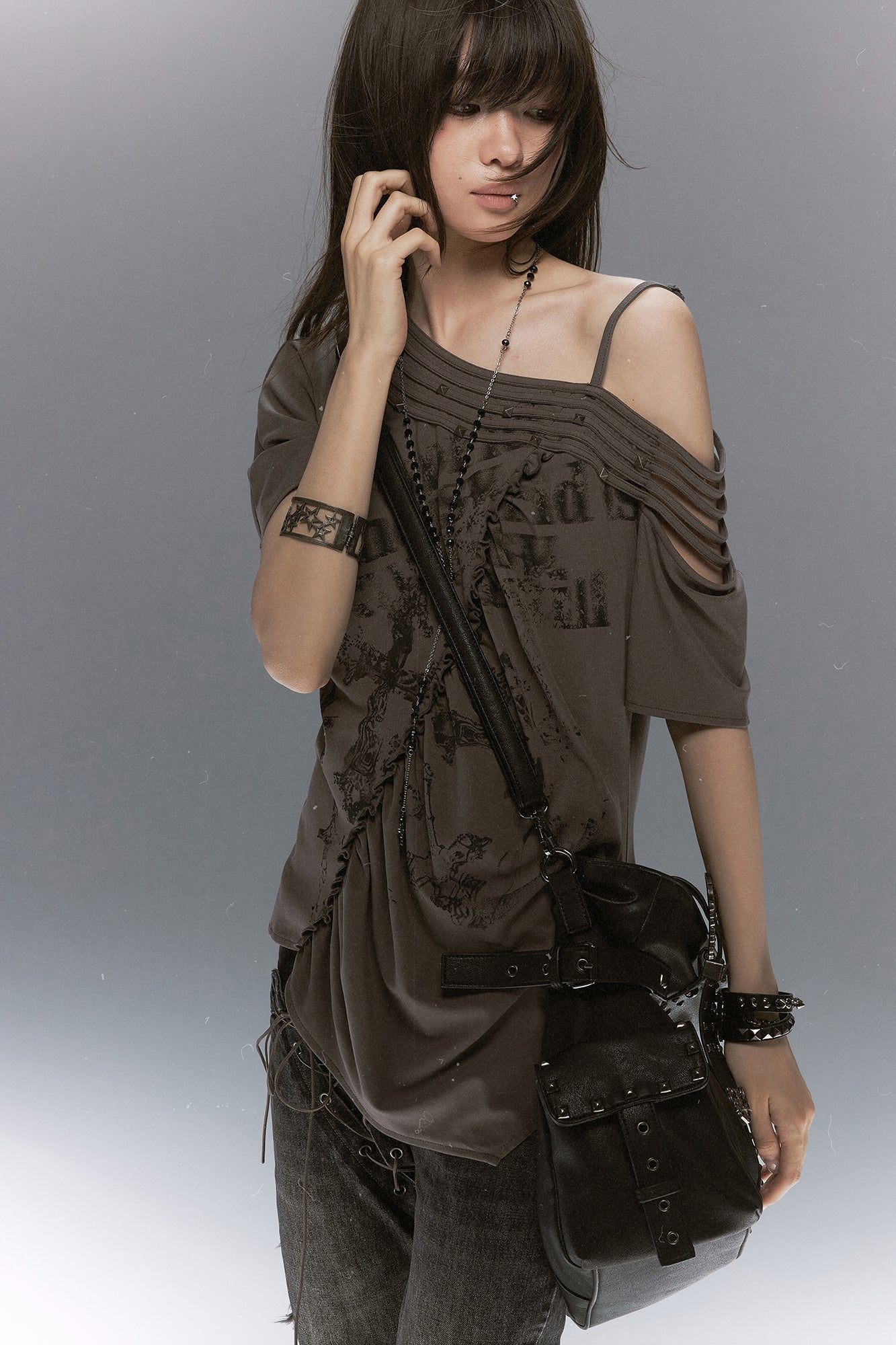 CESTNOUS Asymmetrical Studded Multi-Strap Graphic T-Shirt
