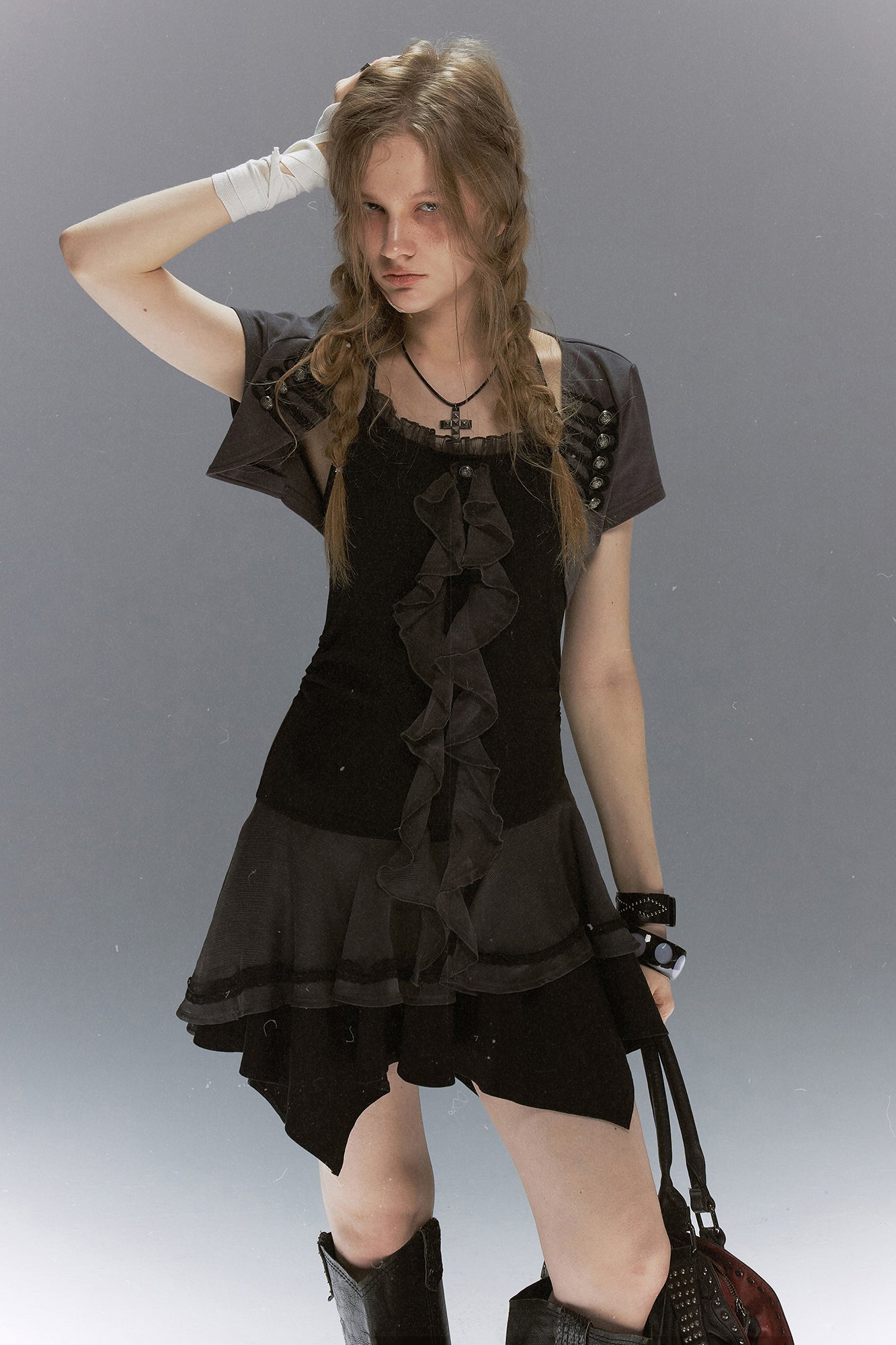 CESTNOUS Napoleon-Braid Layer Ruffle Mini Dress