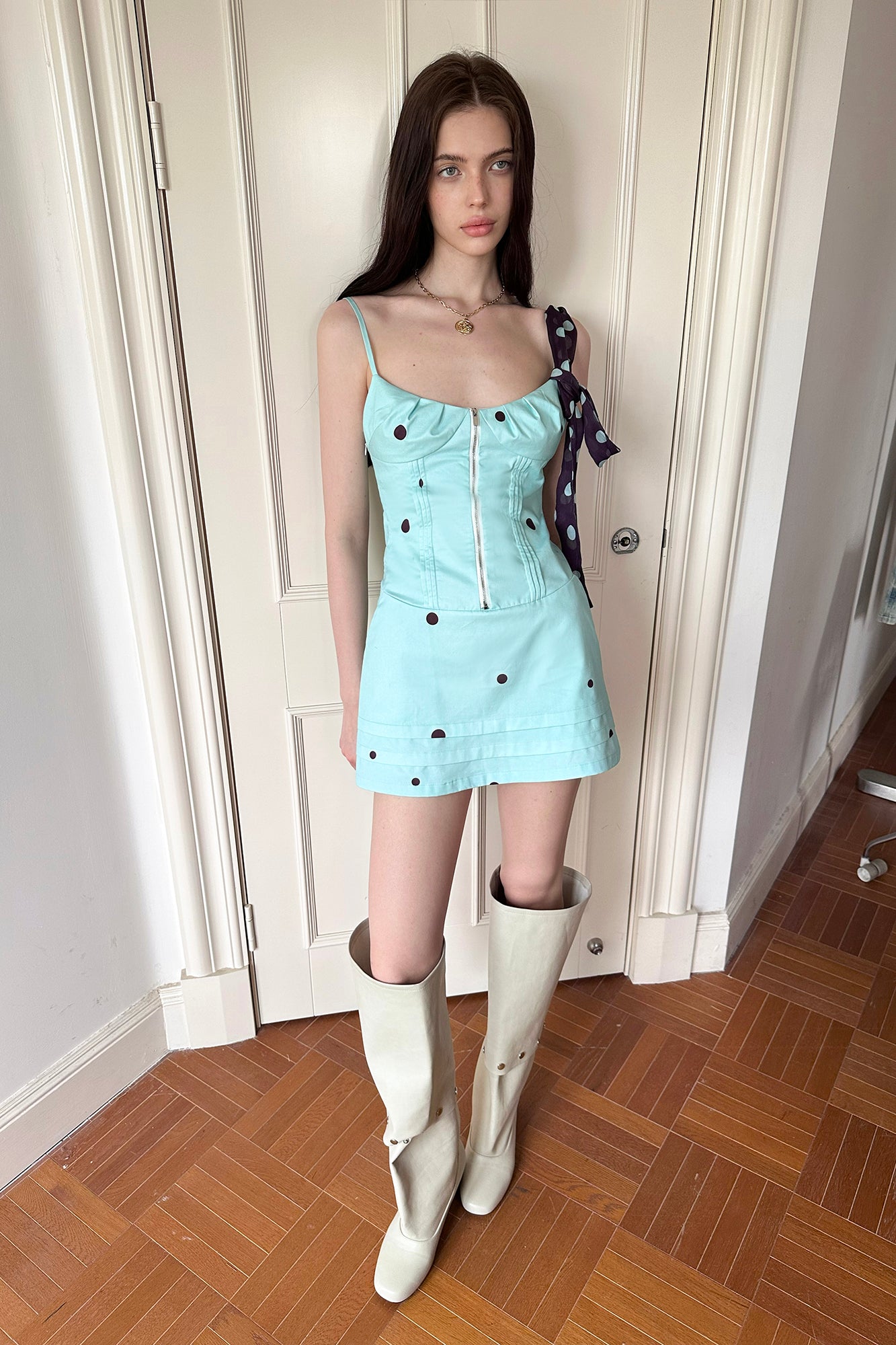 THE NEVERMORE Paneled Polka Dot Zip-Front Mini Dress