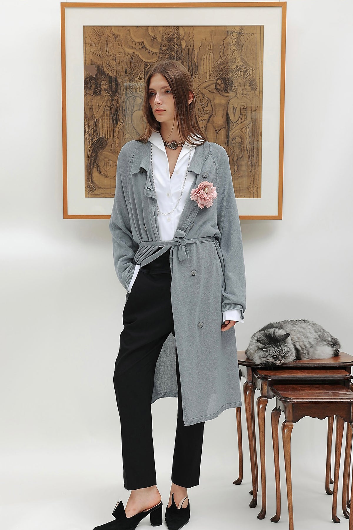 WINGFREE Silk-Blended Double-Breasted Oversized Coat