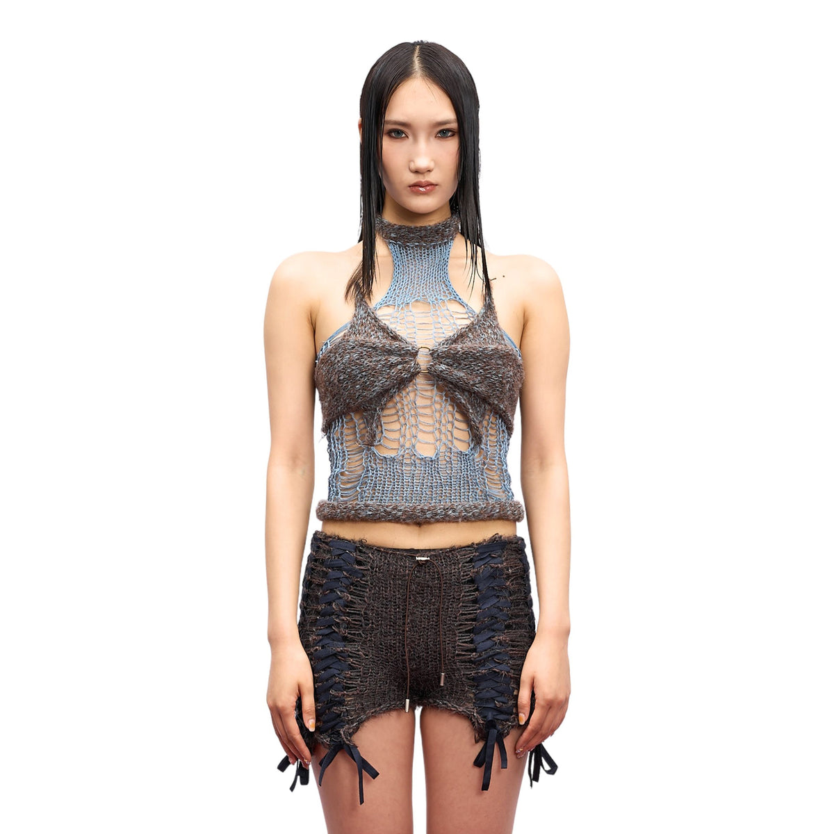 JUEJUEWORKS Layered Bow Halter Knit Top