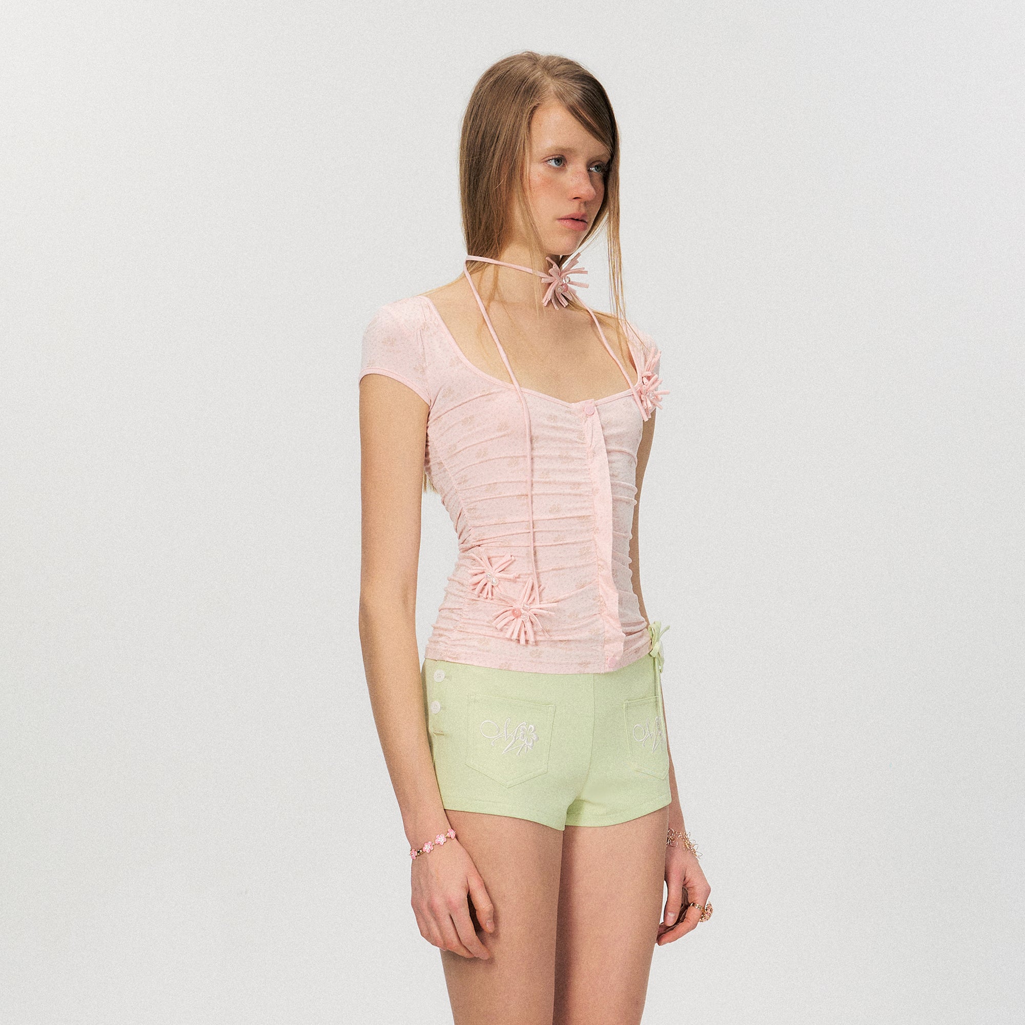 THE NEVERMORE Beaded Flower Ruched Top