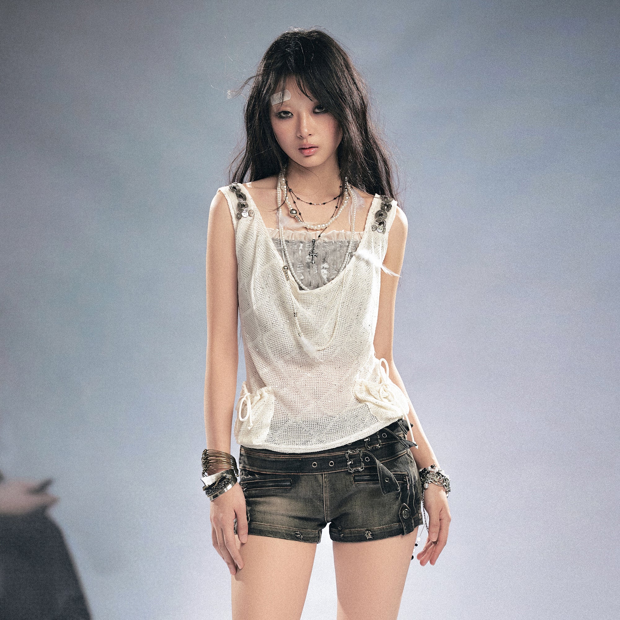 CESTNOUS Sheer Openwork Cowl Tank Top