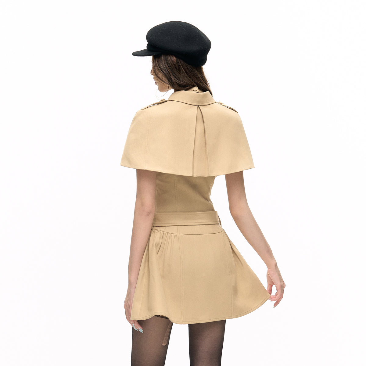 HIIMDAI Detachable Cape Double-Breasted Halter Dress