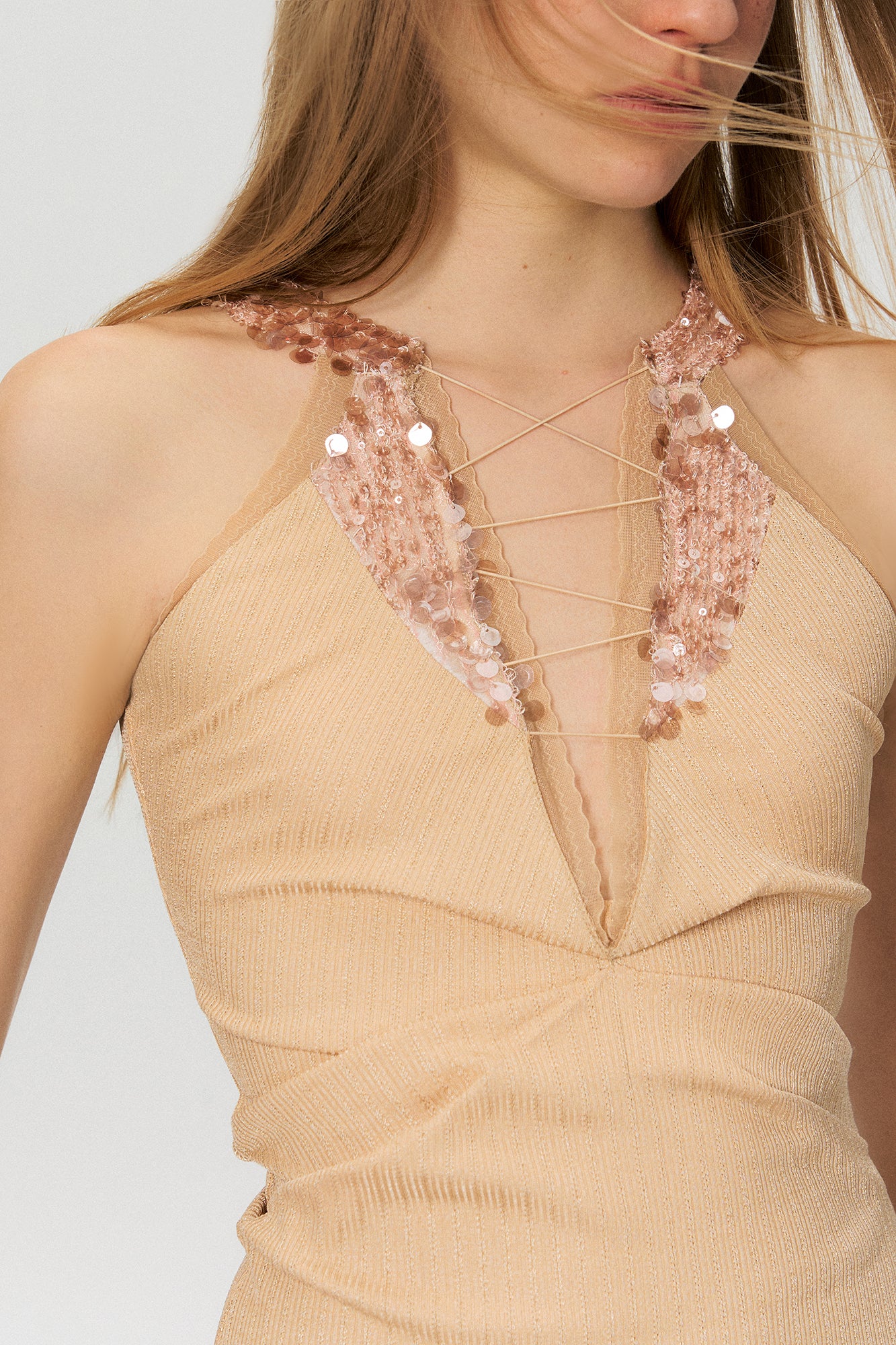 THE NEVERMORE Sequin Lace-Up Plunge Halter Knit Top