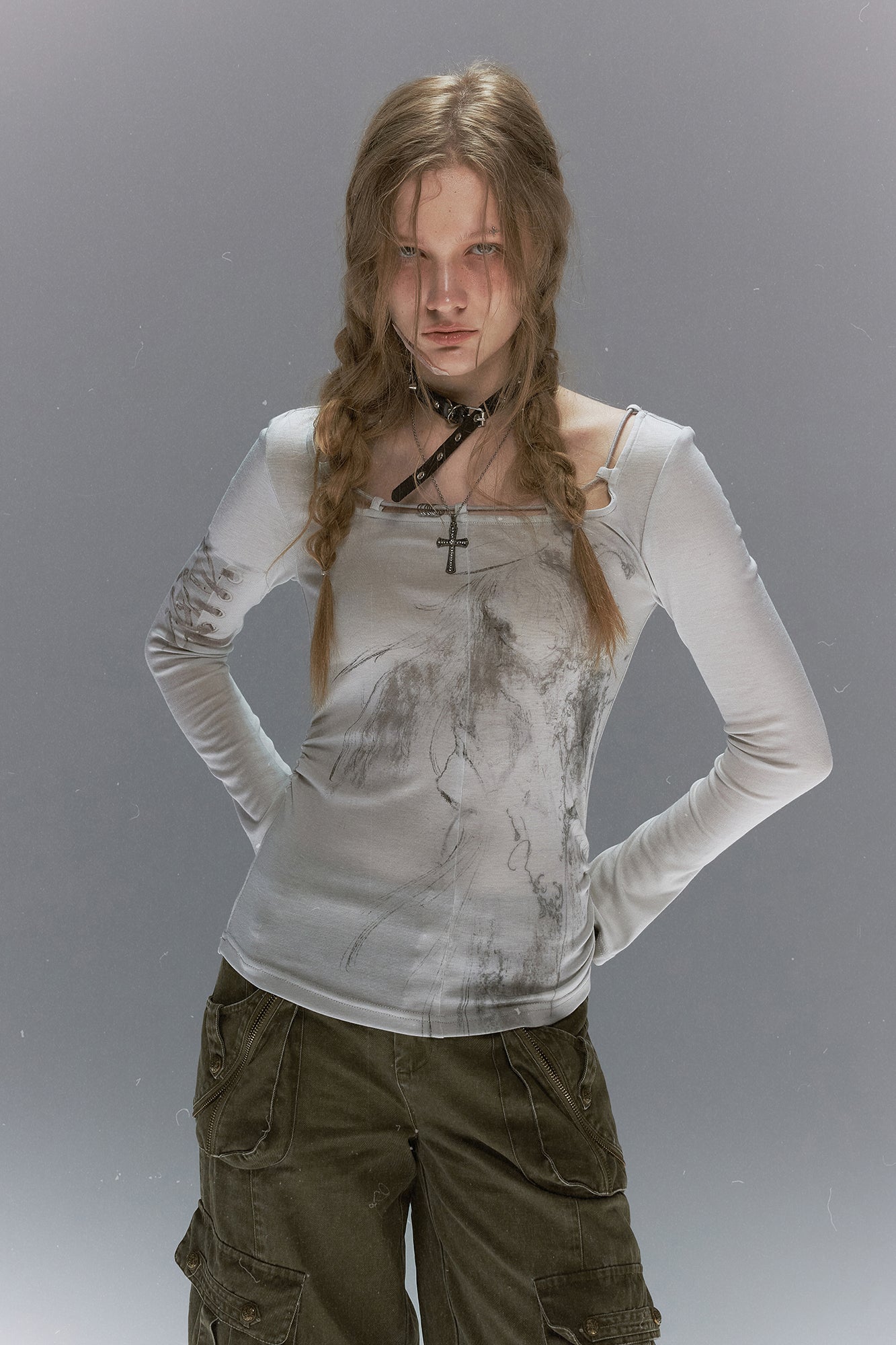 CESTNOUS Graphic Lace-Trim Tencel Long-Sleeve Tee