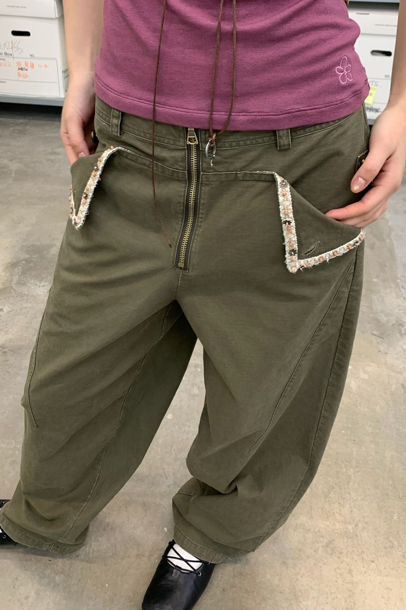 NEVERSEEZ Beaded-Trim Flap-Pocket Zip-Front Pants