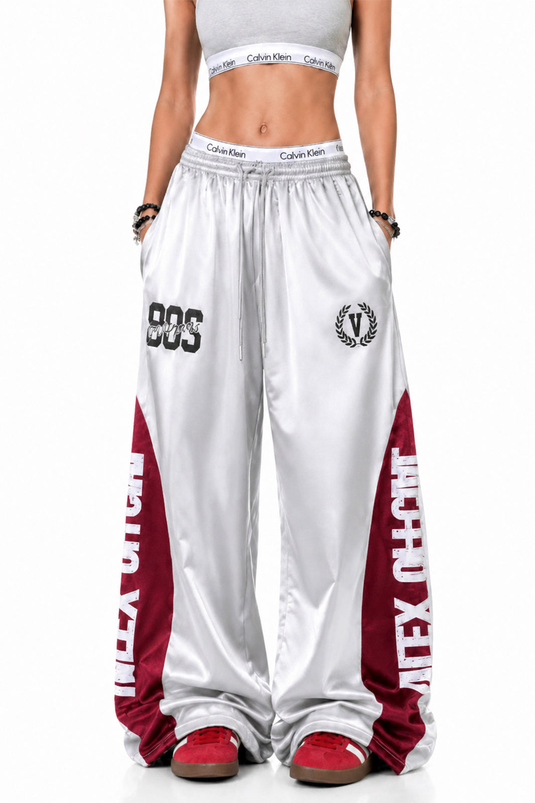 FREE CENTER Spliced Glossy Wide-Leg Sweatpants