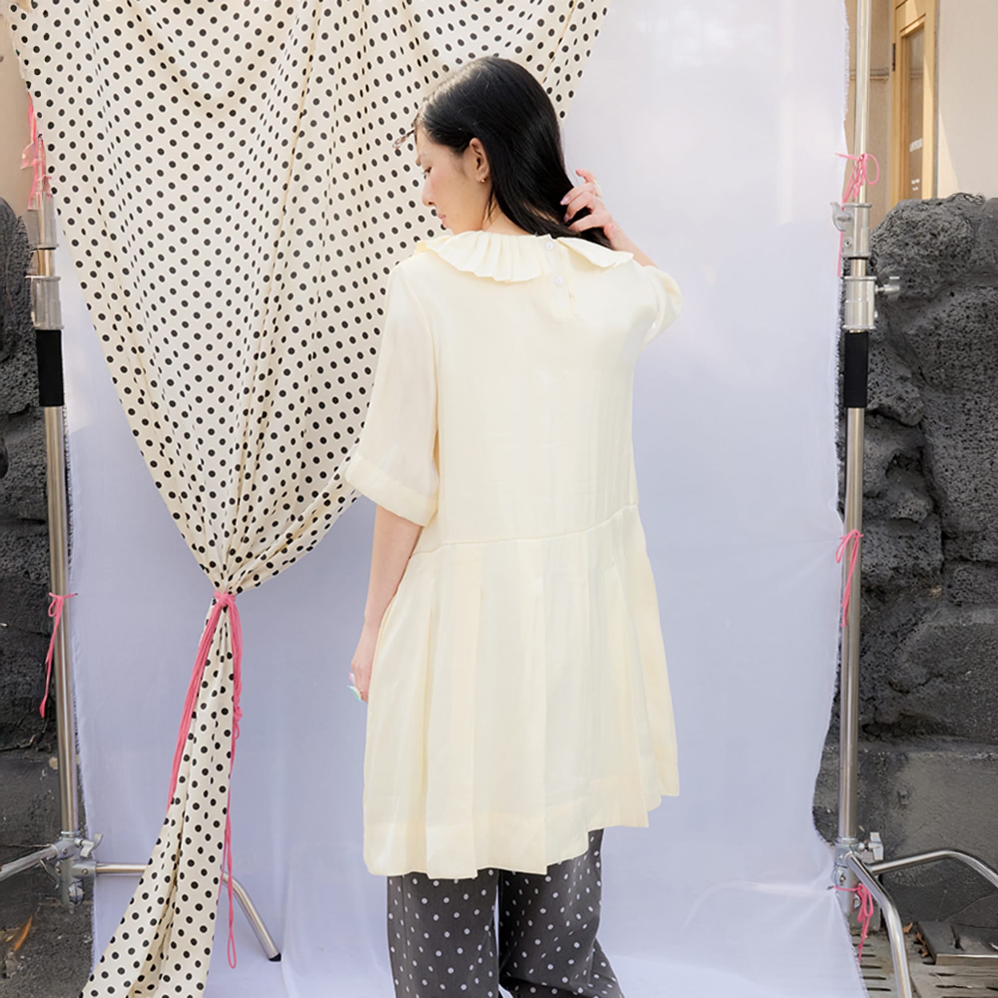 UNSOCIAL NIGHT Studded Graphic Pleated-Collar Shift Dress